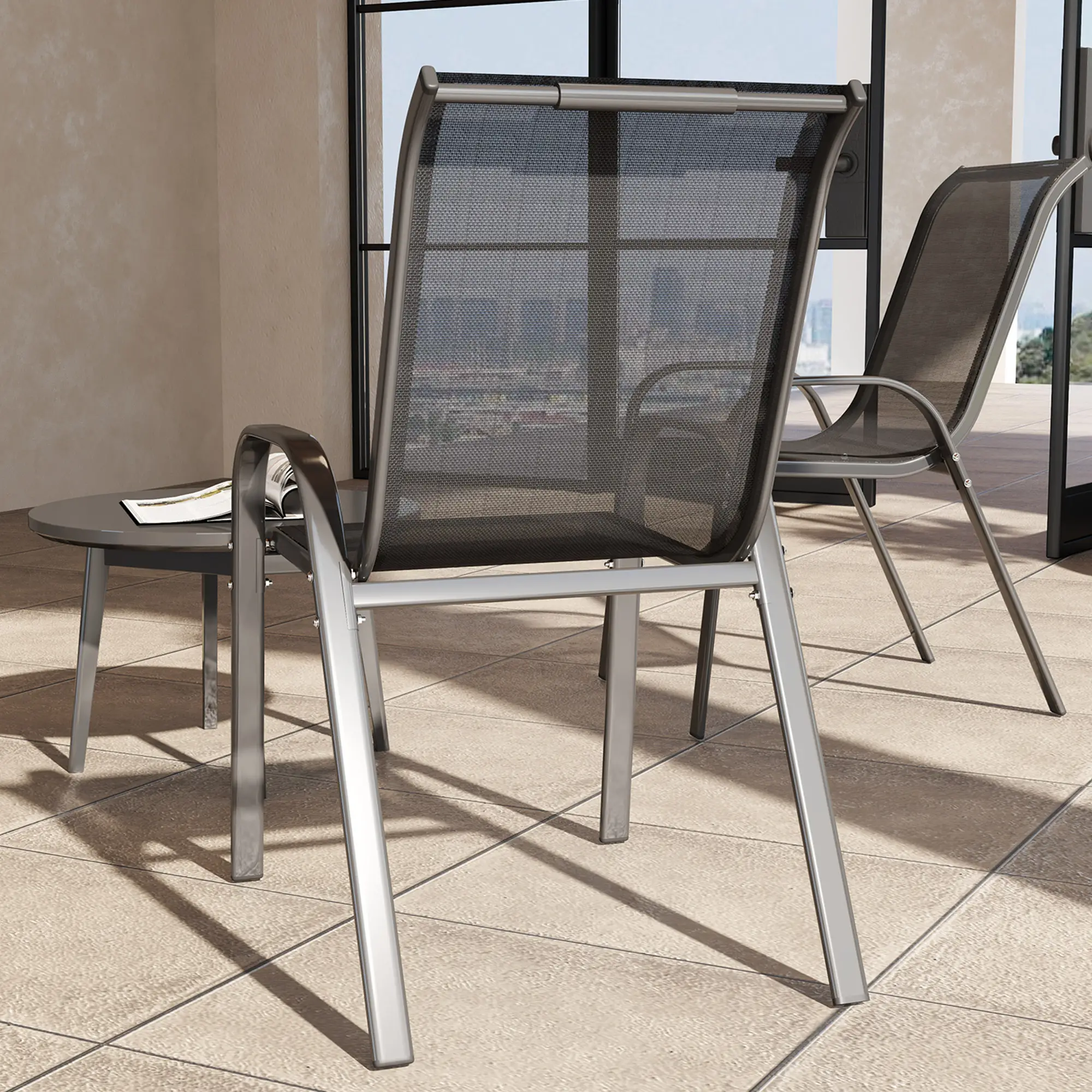 Outdoor Dining Chairs Set of 2, Stackable, High Back, Black - Image 10