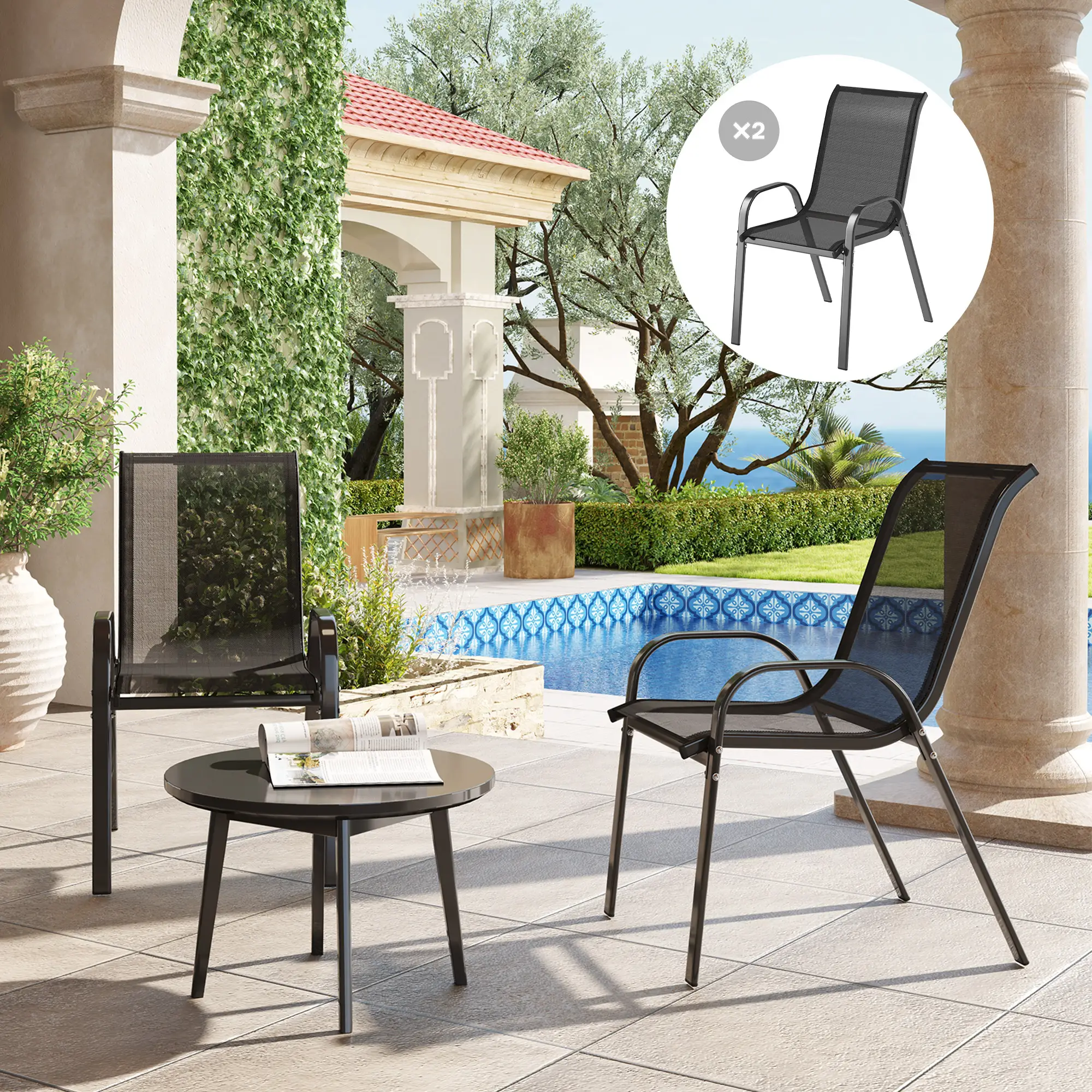 Outdoor Dining Chairs Set of 2, Stackable, High Back, Black - Image 2