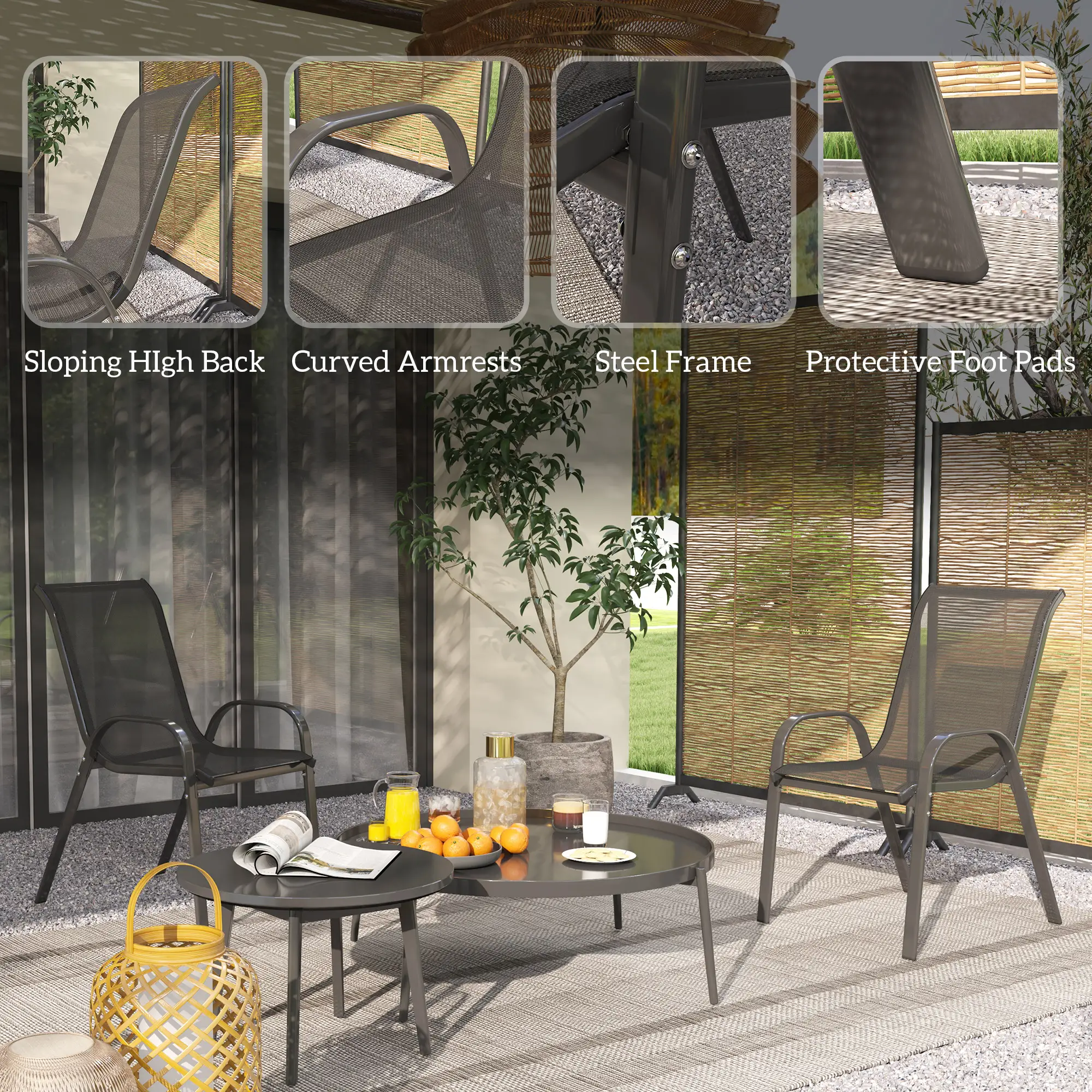 Outdoor Dining Chairs Set of 2, Stackable, High Back, Black - Image 6