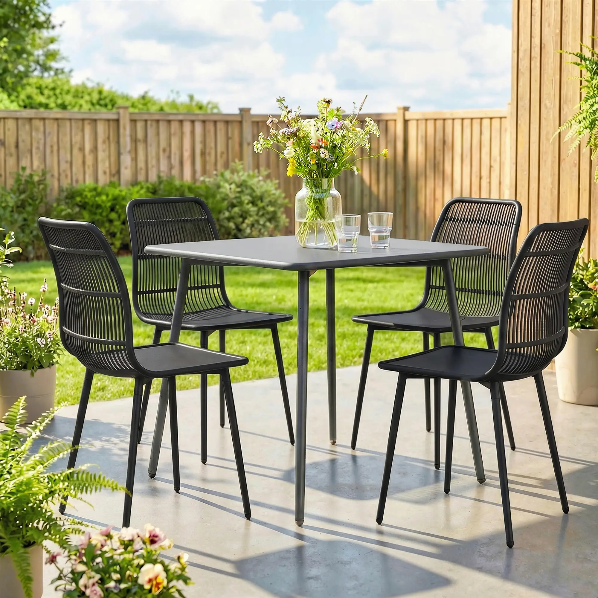 Outdoor Dining Chairs Set of 4, Slotted Backrest, Black - Image 2