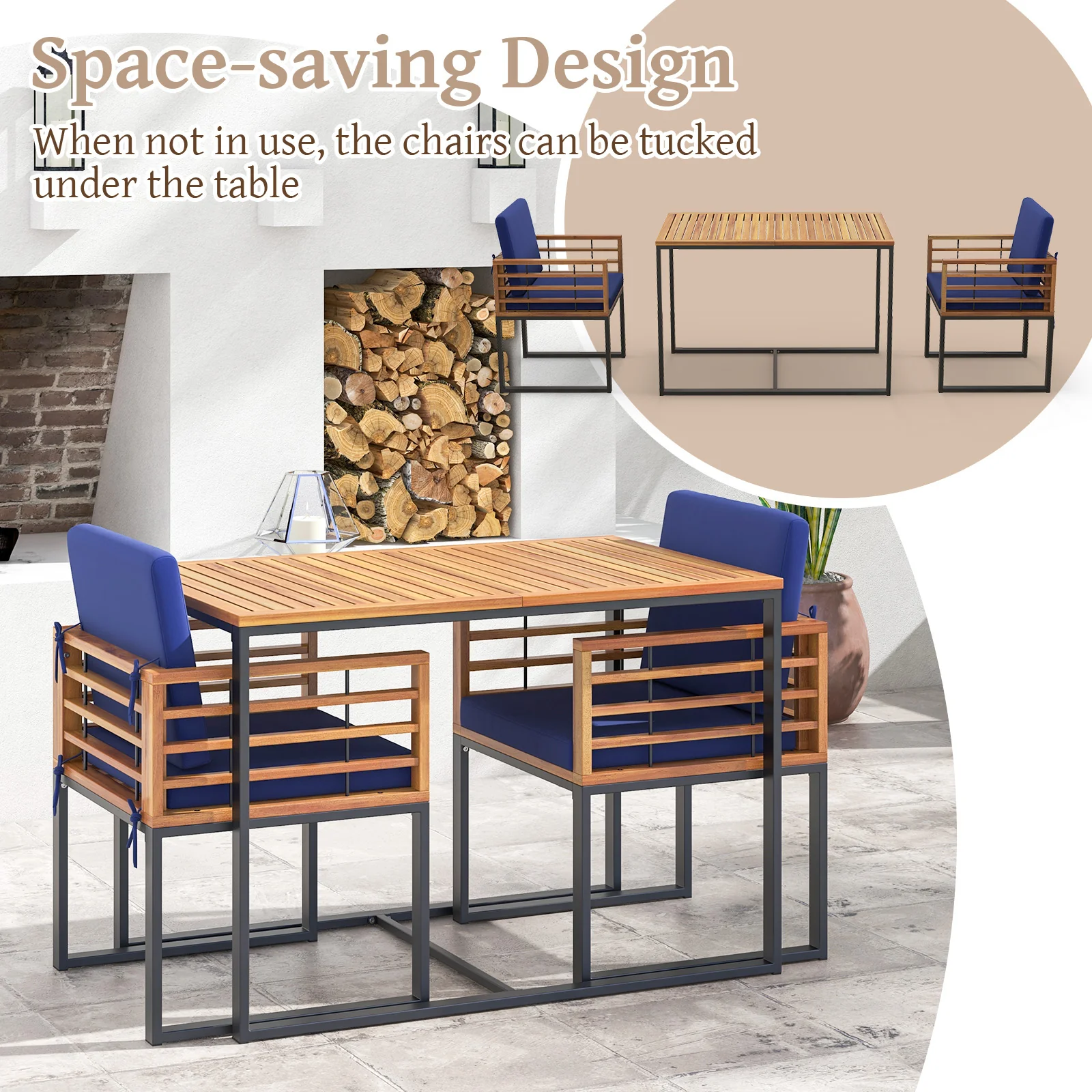 Outdoor Dining Set, 2 Acacia Wood Armchairs, Dining Table, Navy - Image 10
