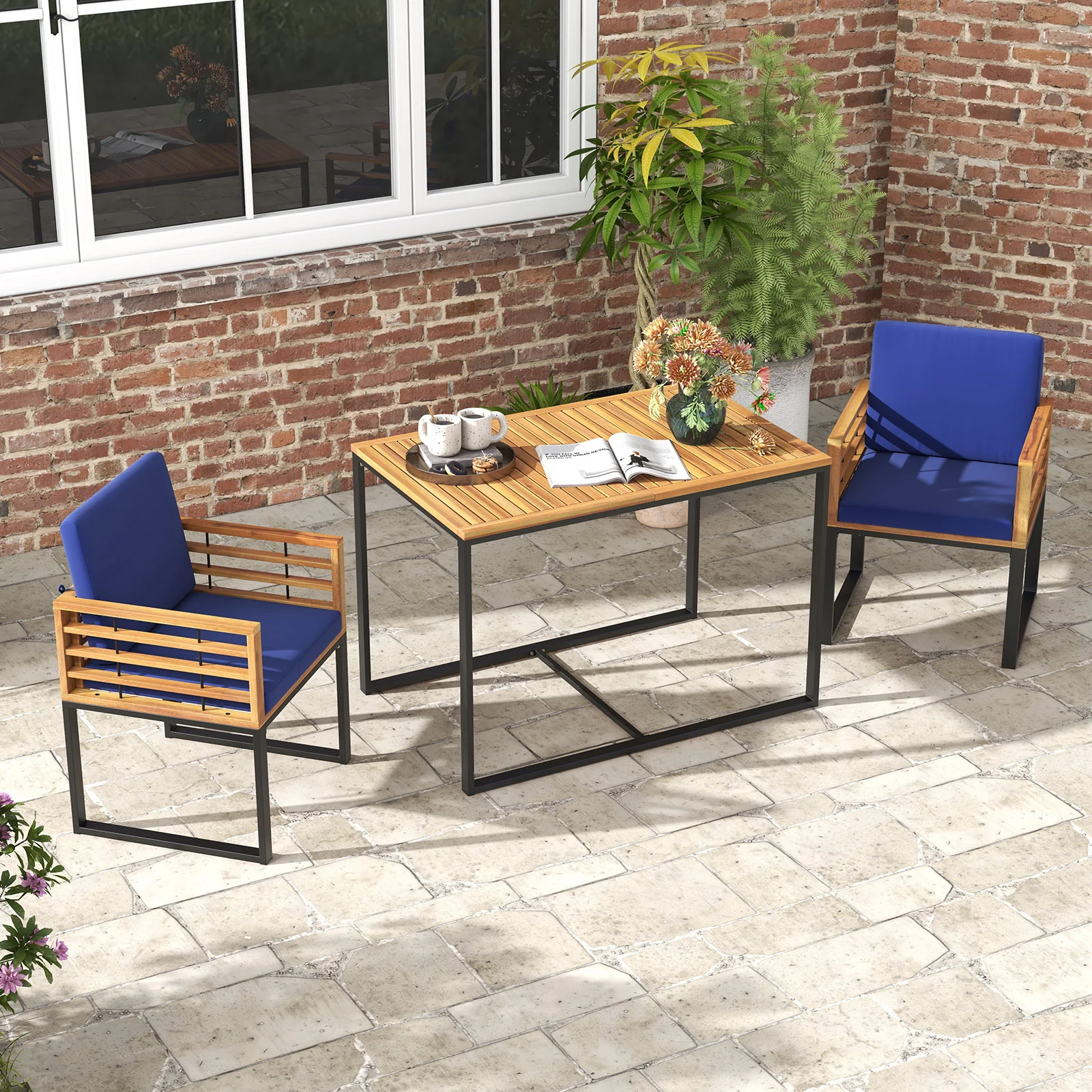 Outdoor Dining Set, 2 Acacia Wood Armchairs, Dining Table, Navy - Image 3