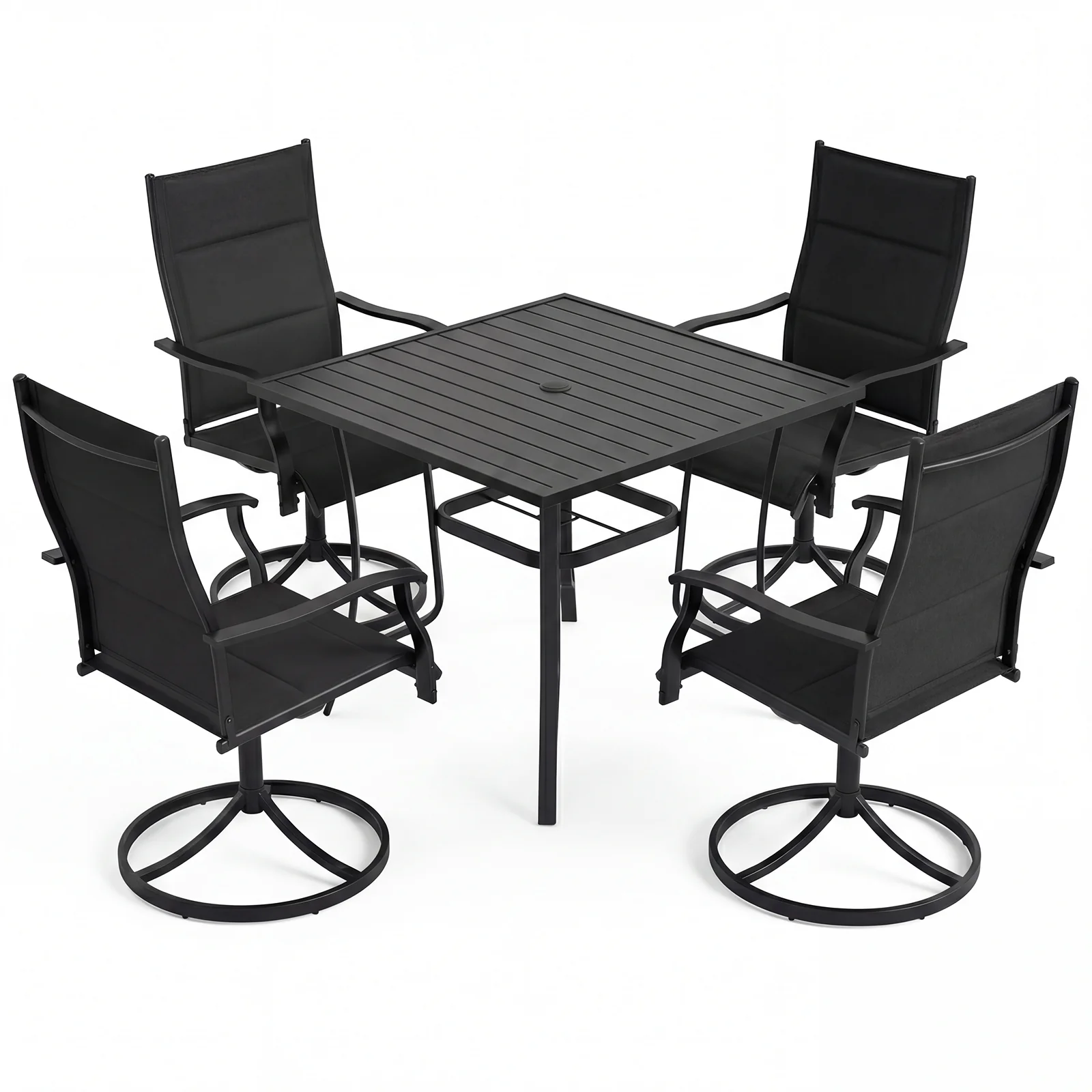 Outdoor Dining Set, 4 Swivel Chairs, 36 Inch Square Patio Table, Black
