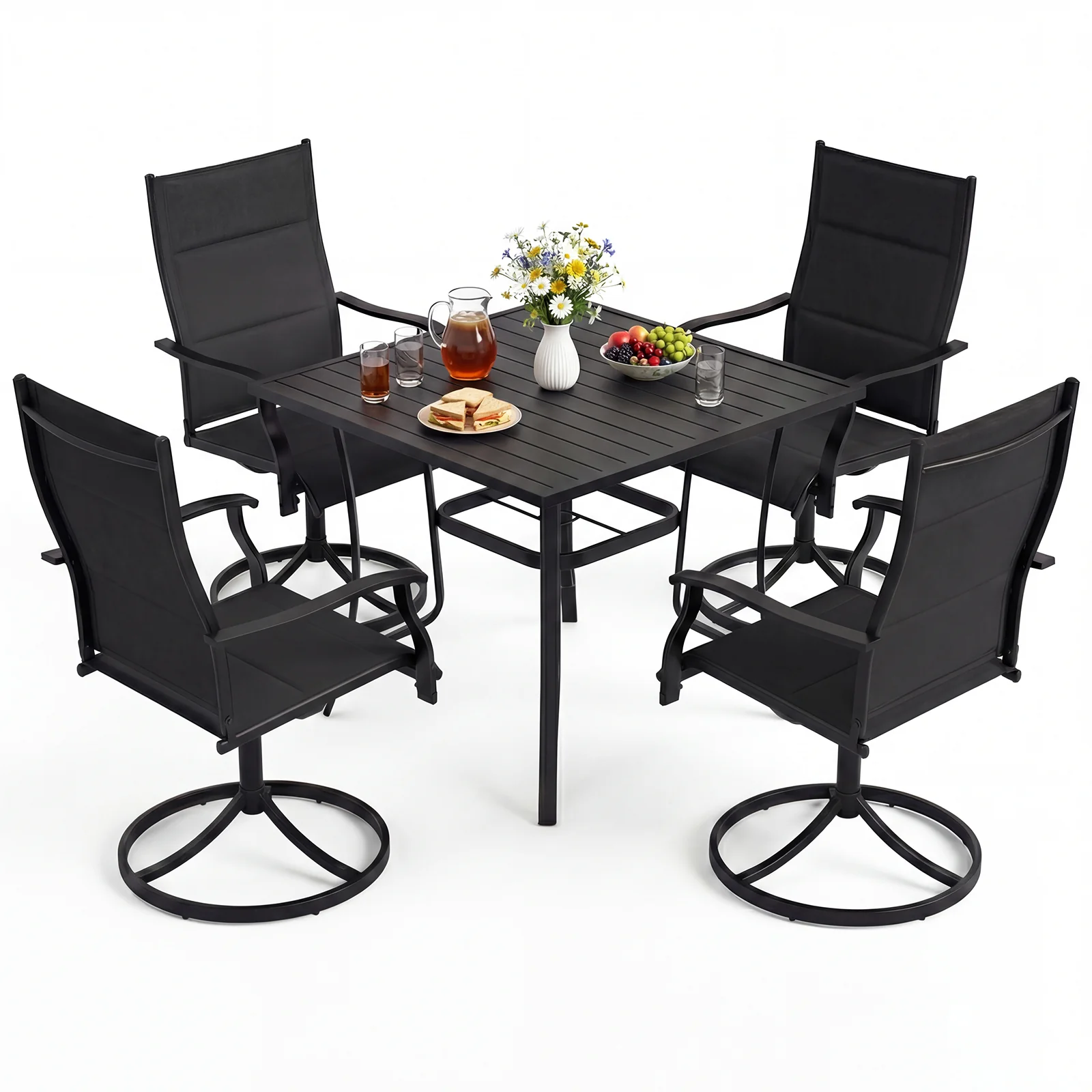 Outdoor Dining Set, 4 Swivel Chairs, 36 Inch Square Patio Table, Black - Image 4