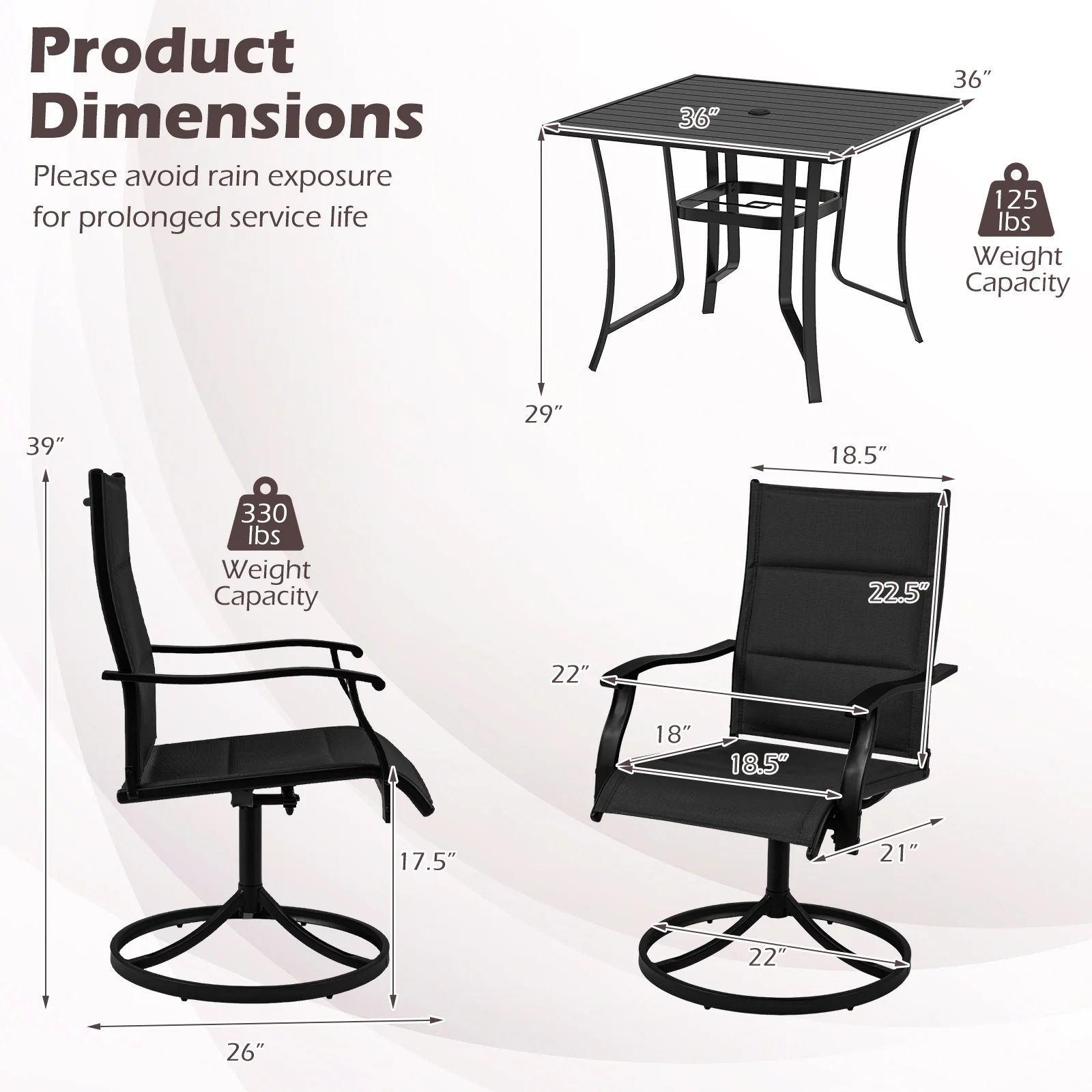 Outdoor Dining Set, 4 Swivel Chairs, 36 Inch Square Patio Table, Black - Image 5
