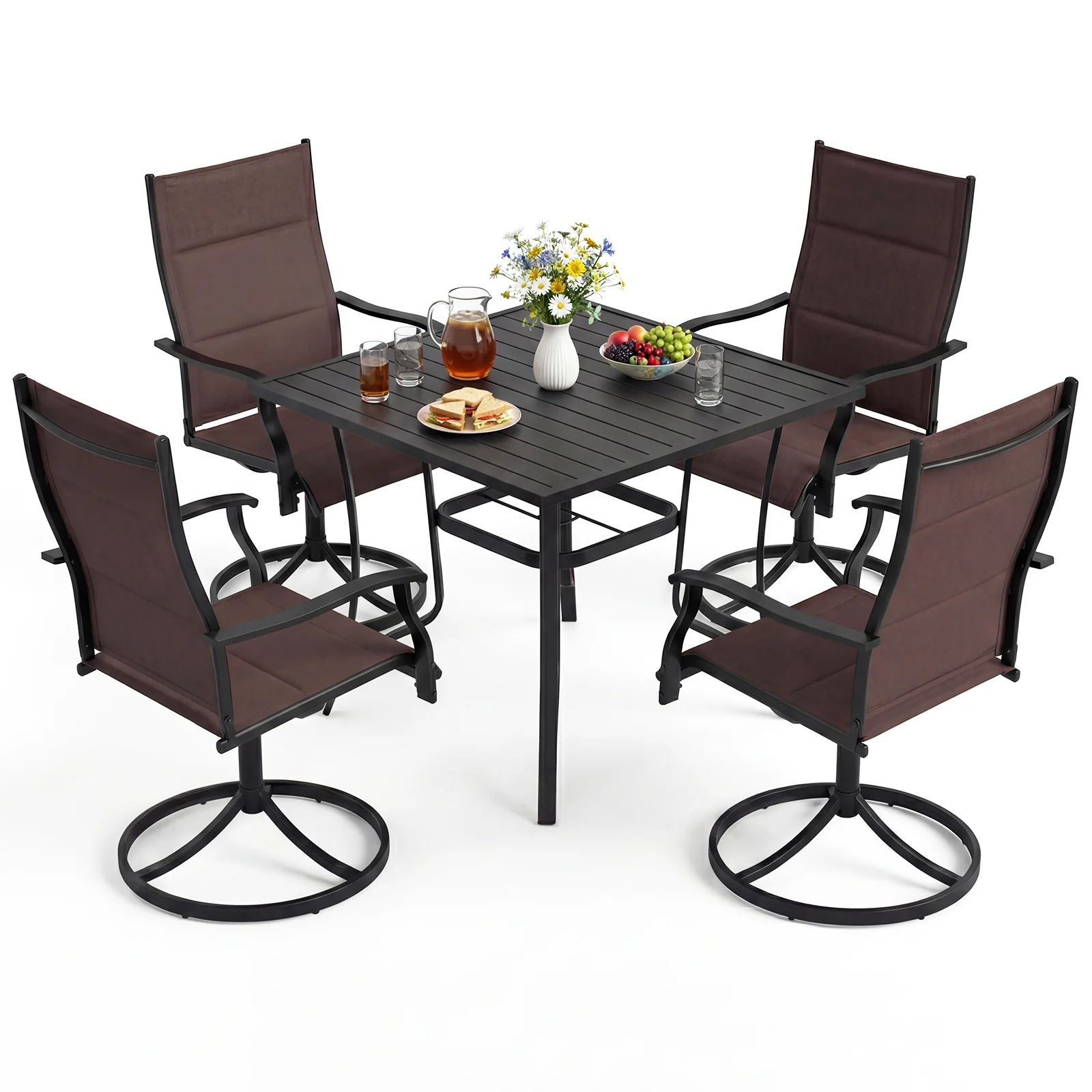 Outdoor Dining Set, 4 Swivel Chairs, 36 Inch Square Table, Brown - Image 4