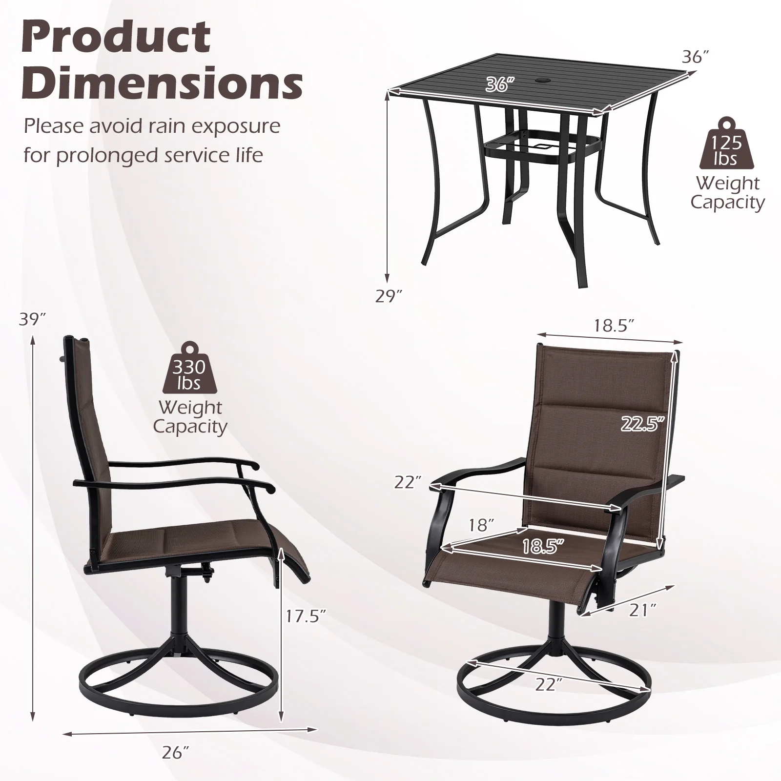 Outdoor Dining Set, 4 Swivel Chairs, 36 Inch Square Table, Brown - Image 5