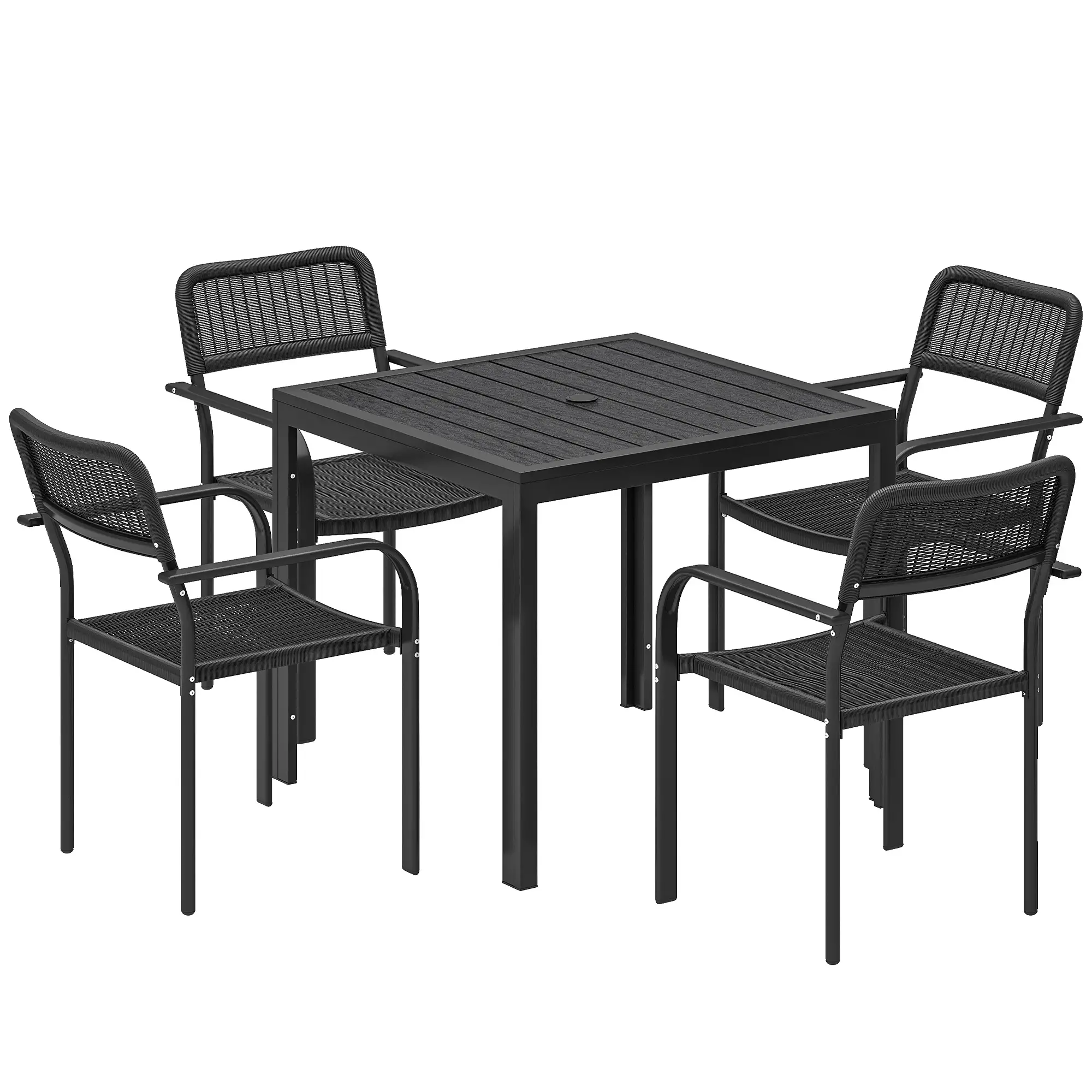 Outdoor Dining Set For 4, Faux Wood Metal Patio Table, Stackable Chairs, Black