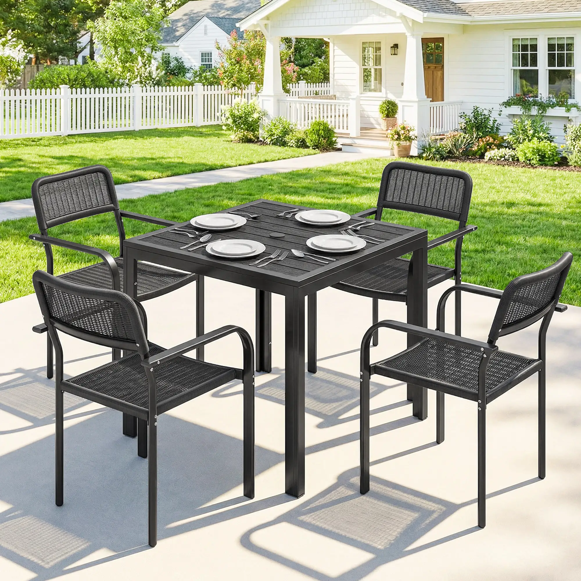 Outdoor Dining Set For 4, Faux Wood Metal Patio Table, Stackable Chairs, Black - Image 2