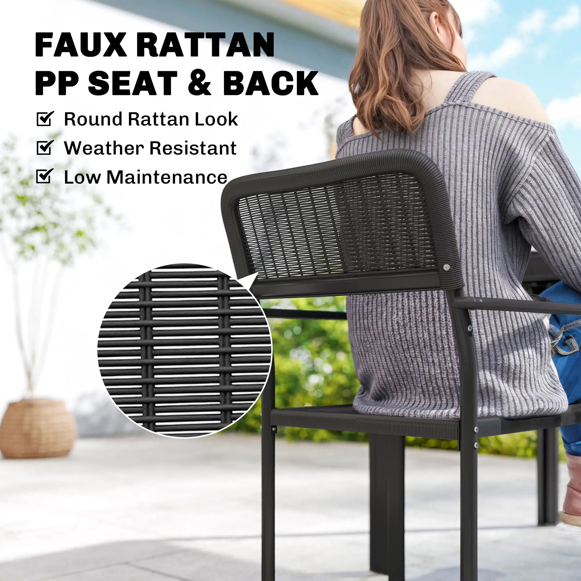 Outdoor Dining Set For 4, Faux Wood Metal Patio Table, Stackable Chairs, Black - Image 6