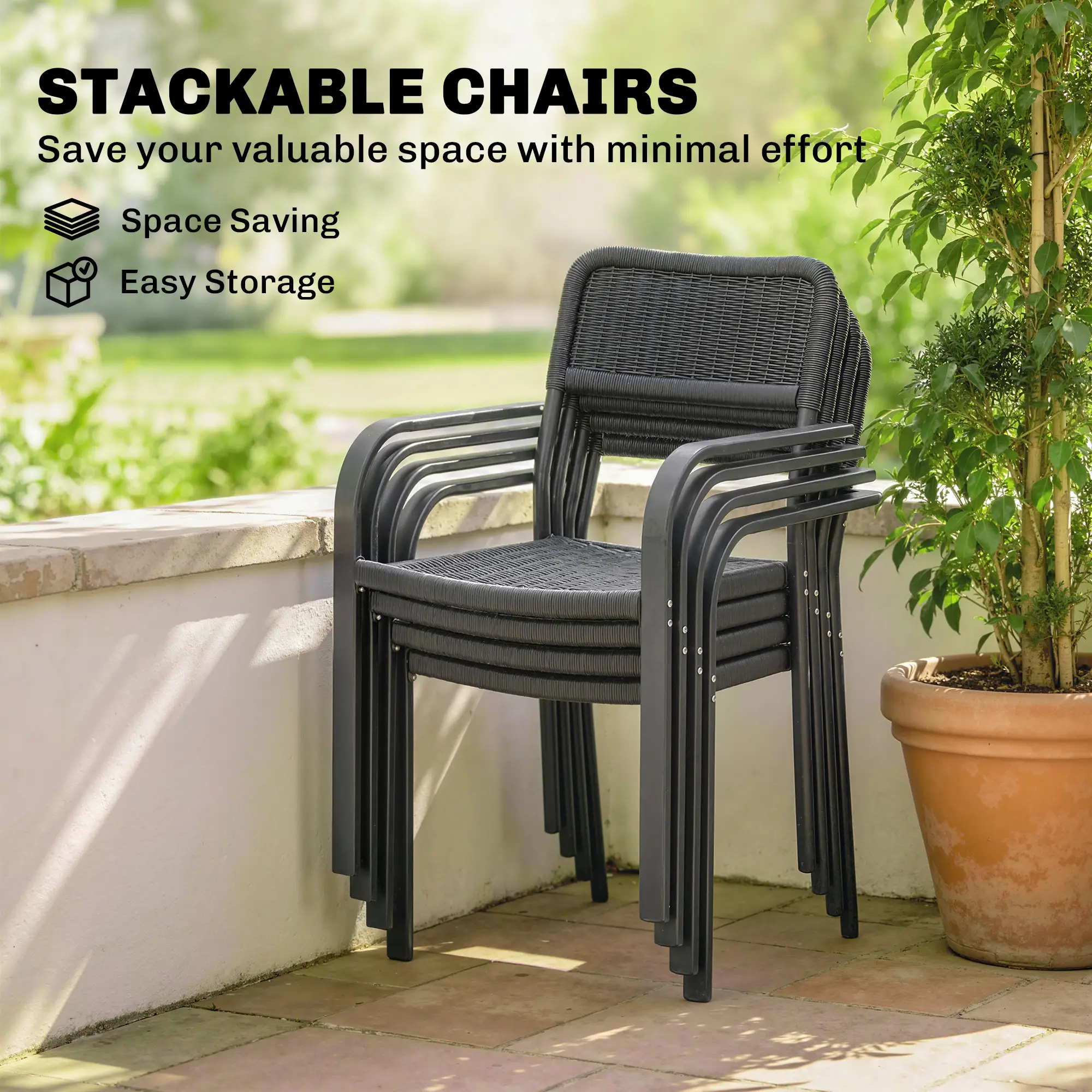 Outdoor Dining Set For 4, Faux Wood Metal Patio Table, Stackable Chairs, Black - Image 7