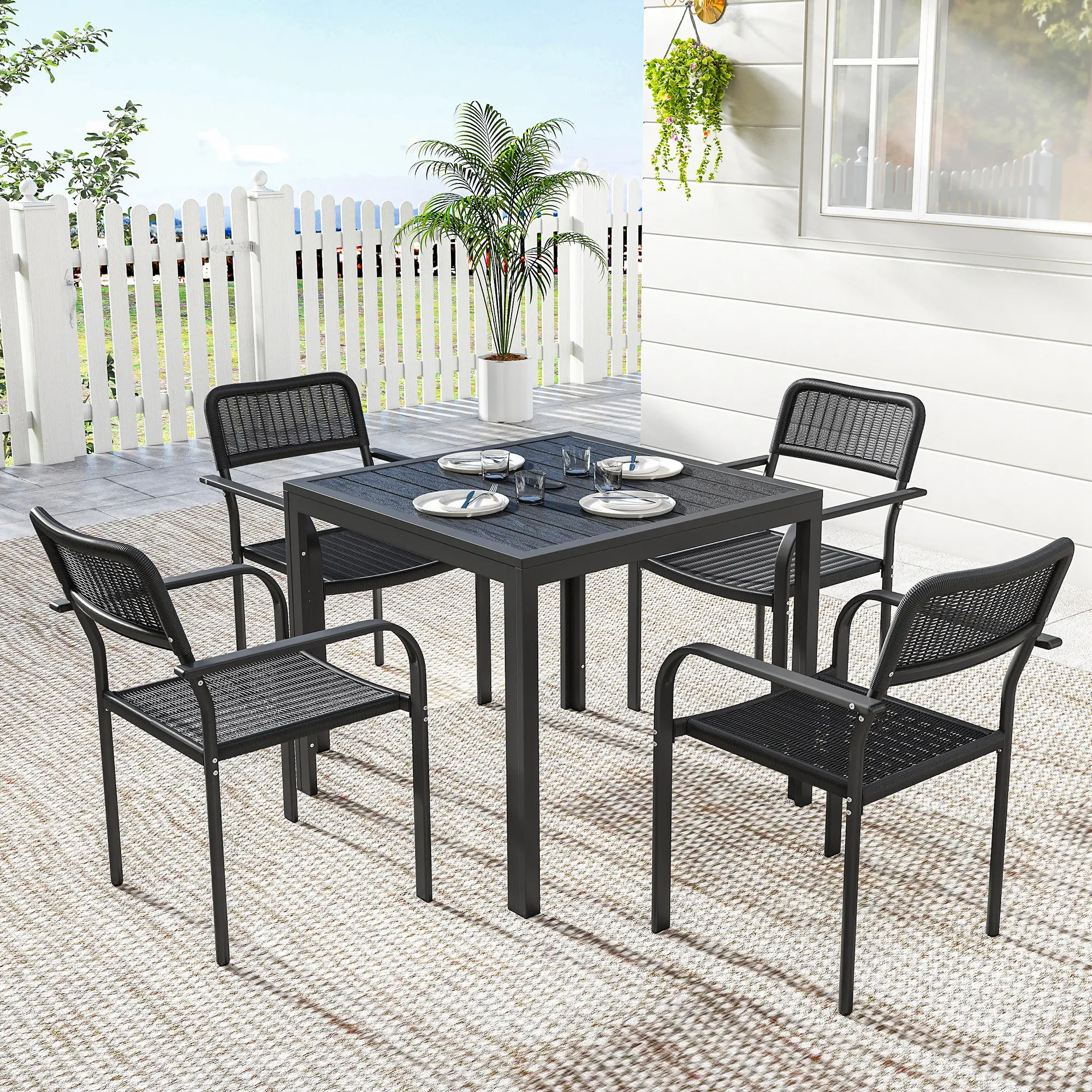 Outdoor Dining Set For 4, Faux Wood Metal Patio Table, Stackable Chairs, Black - Image 8