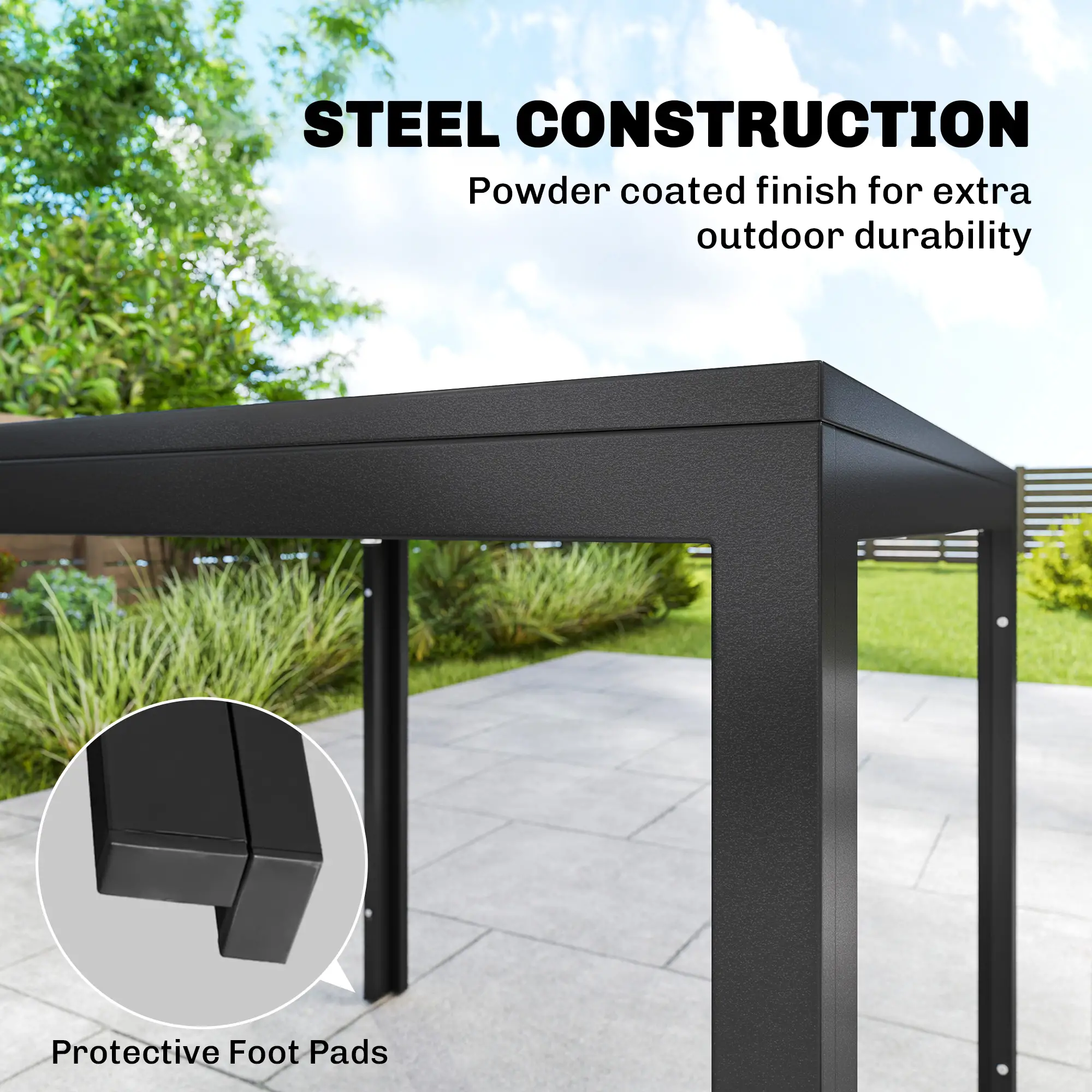 Outdoor Dining Set For 4, Faux Wood Metal Patio Table, Stackable Chairs, Black - Image 9
