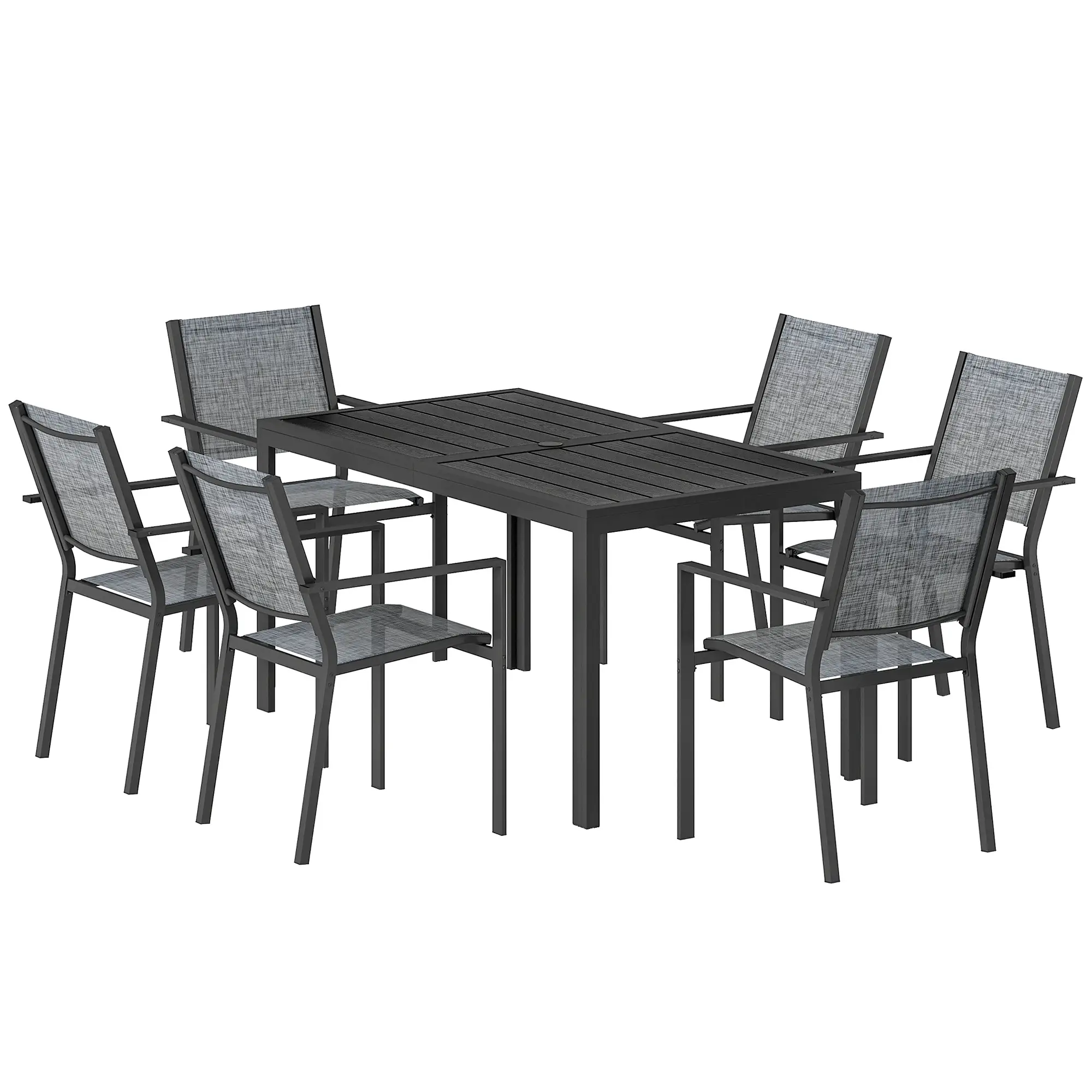 Outdoor Dining Set For 6, Black Metal Patio Table, Mesh Stackable Chairs, Black