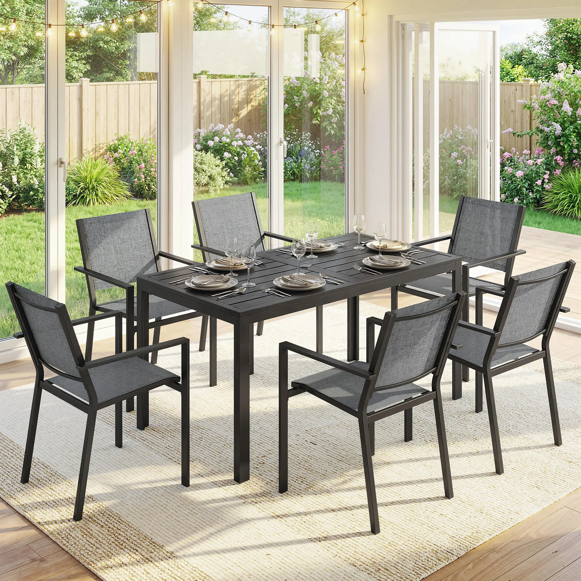 Outdoor Dining Set For 6, Black Metal Patio Table, Mesh Stackable Chairs, Black - Image 10