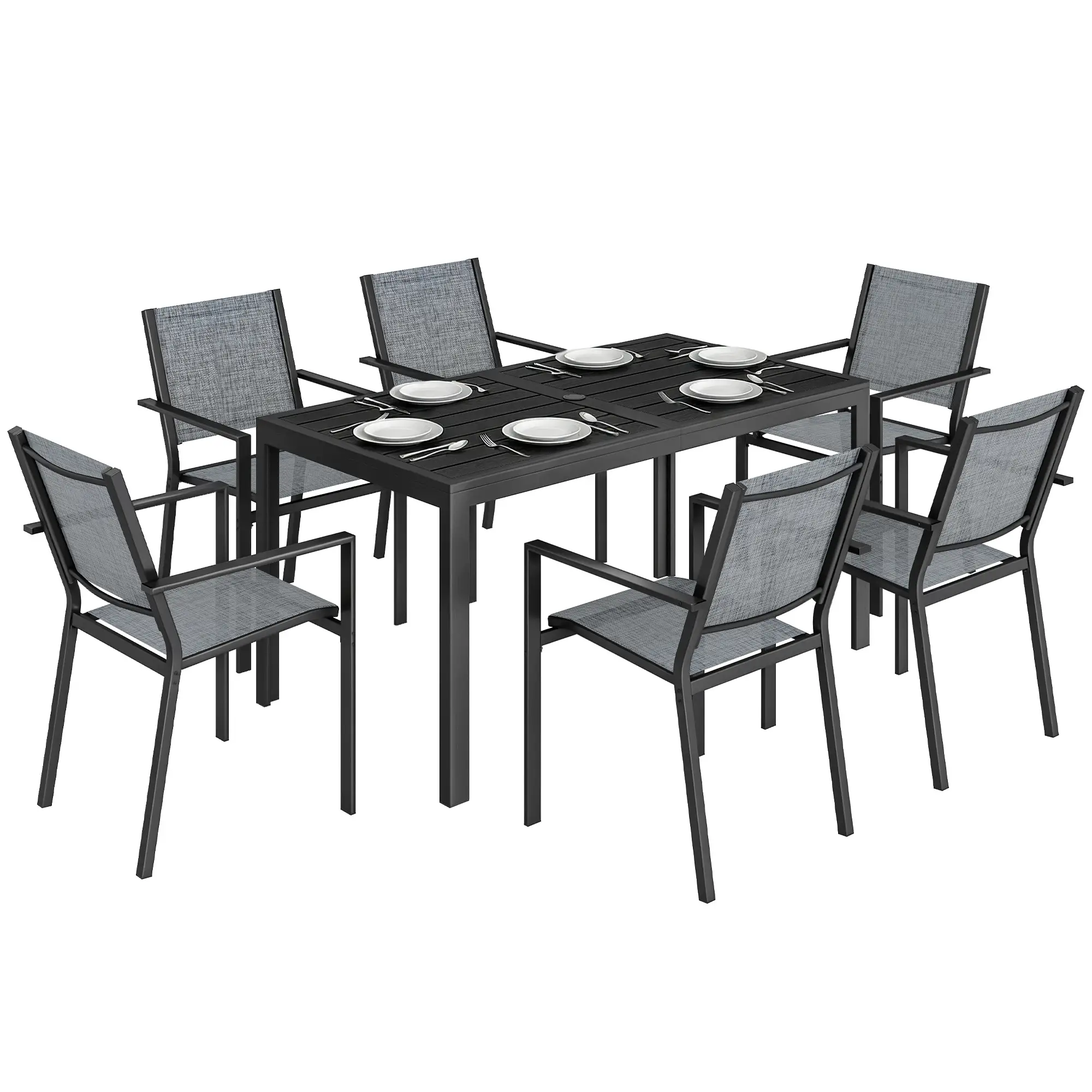 Outdoor Dining Set For 6, Black Metal Patio Table, Mesh Stackable Chairs, Black - Image 11