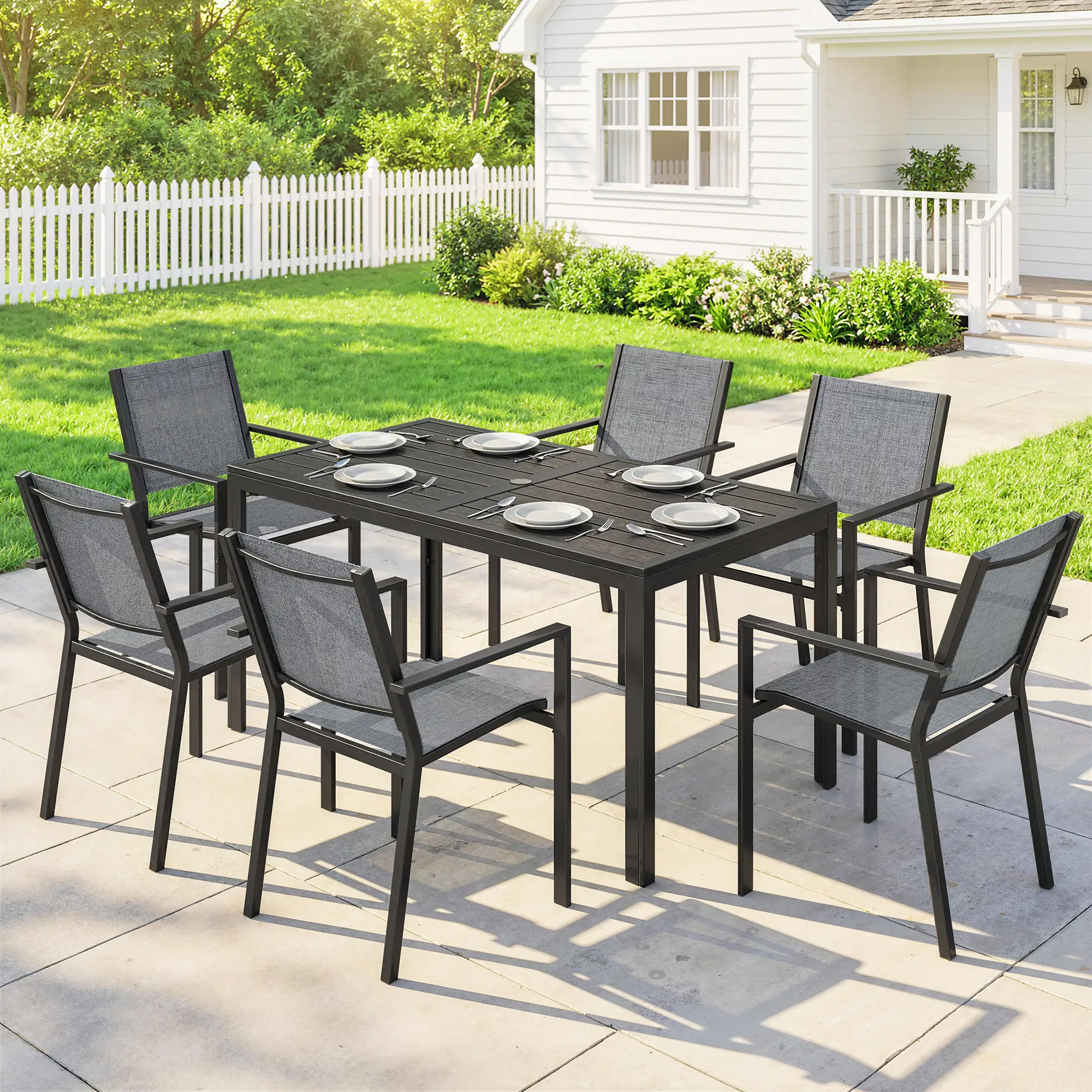 Outdoor Dining Set For 6, Black Metal Patio Table, Mesh Stackable Chairs, Black - Image 2