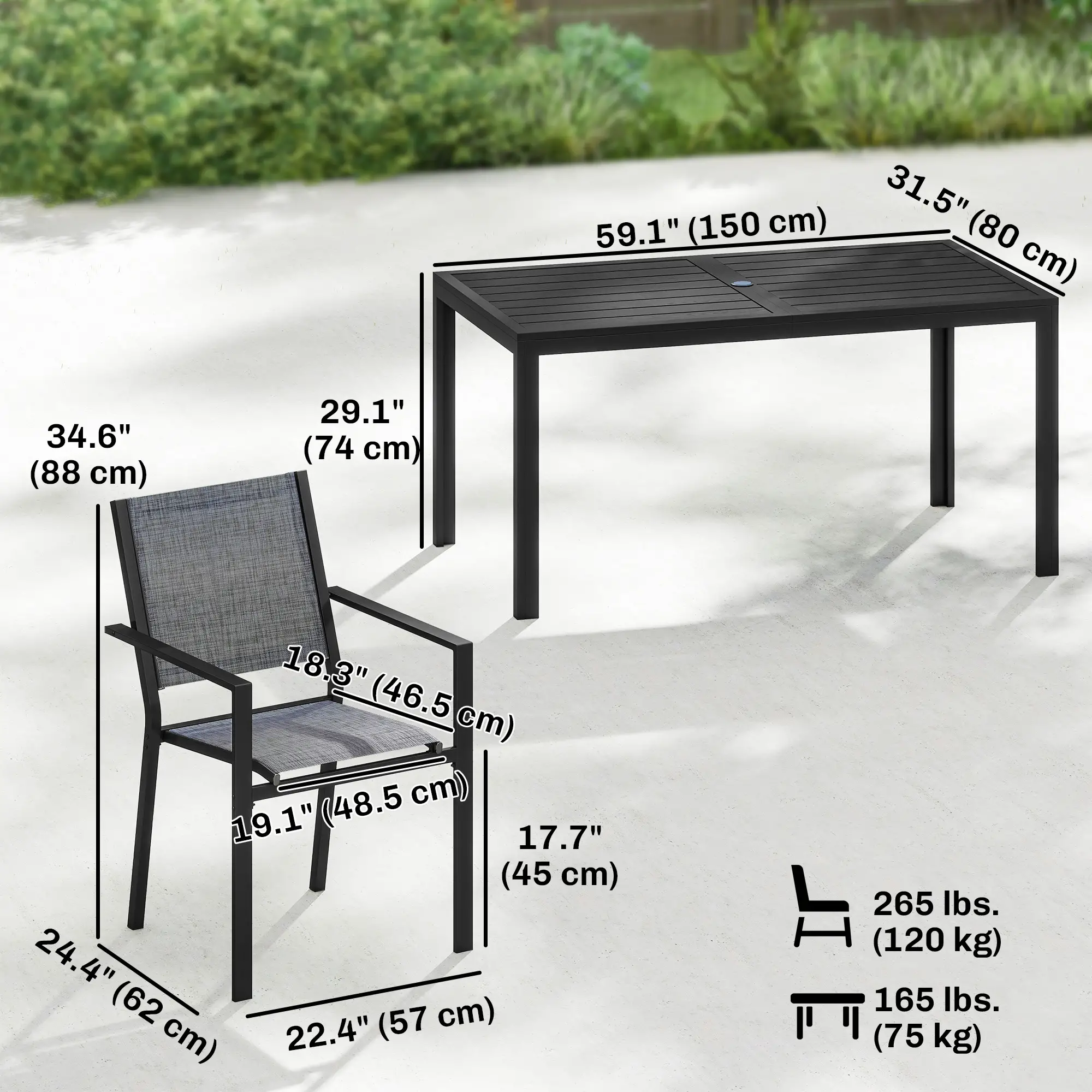 Outdoor Dining Set For 6, Black Metal Patio Table, Mesh Stackable Chairs, Black - Image 3