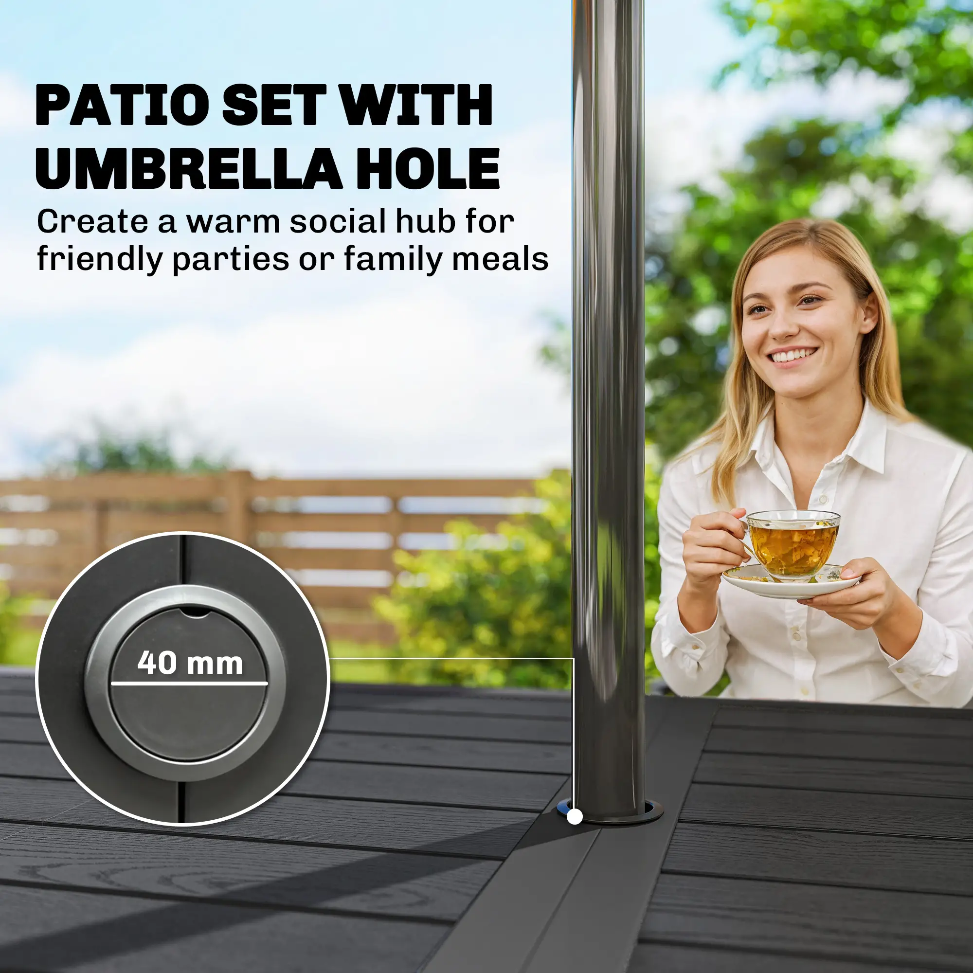 Outdoor Dining Set For 6, Black Metal Patio Table, Mesh Stackable Chairs, Black - Image 4