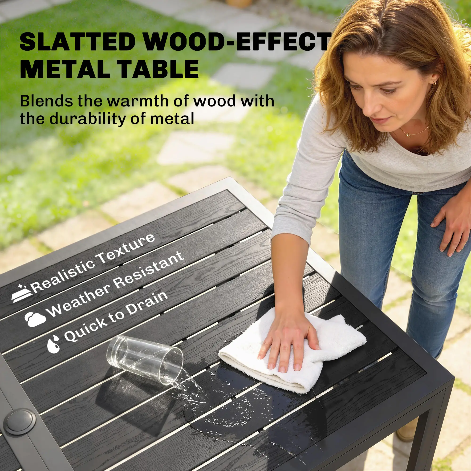 Outdoor Dining Set For 6, Black Metal Patio Table, Mesh Stackable Chairs, Black - Image 5