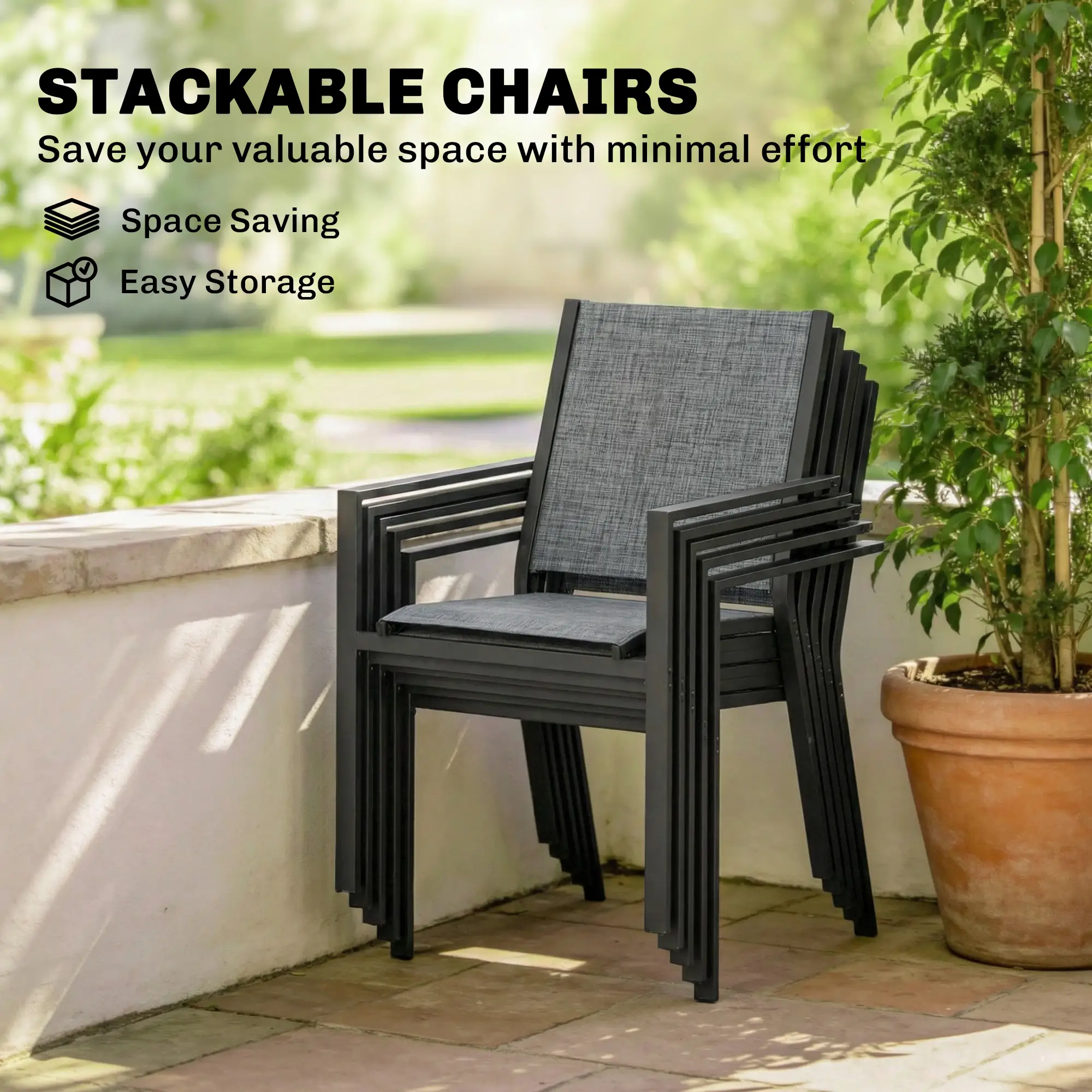 Outdoor Dining Set For 6, Black Metal Patio Table, Mesh Stackable Chairs, Black - Image 6
