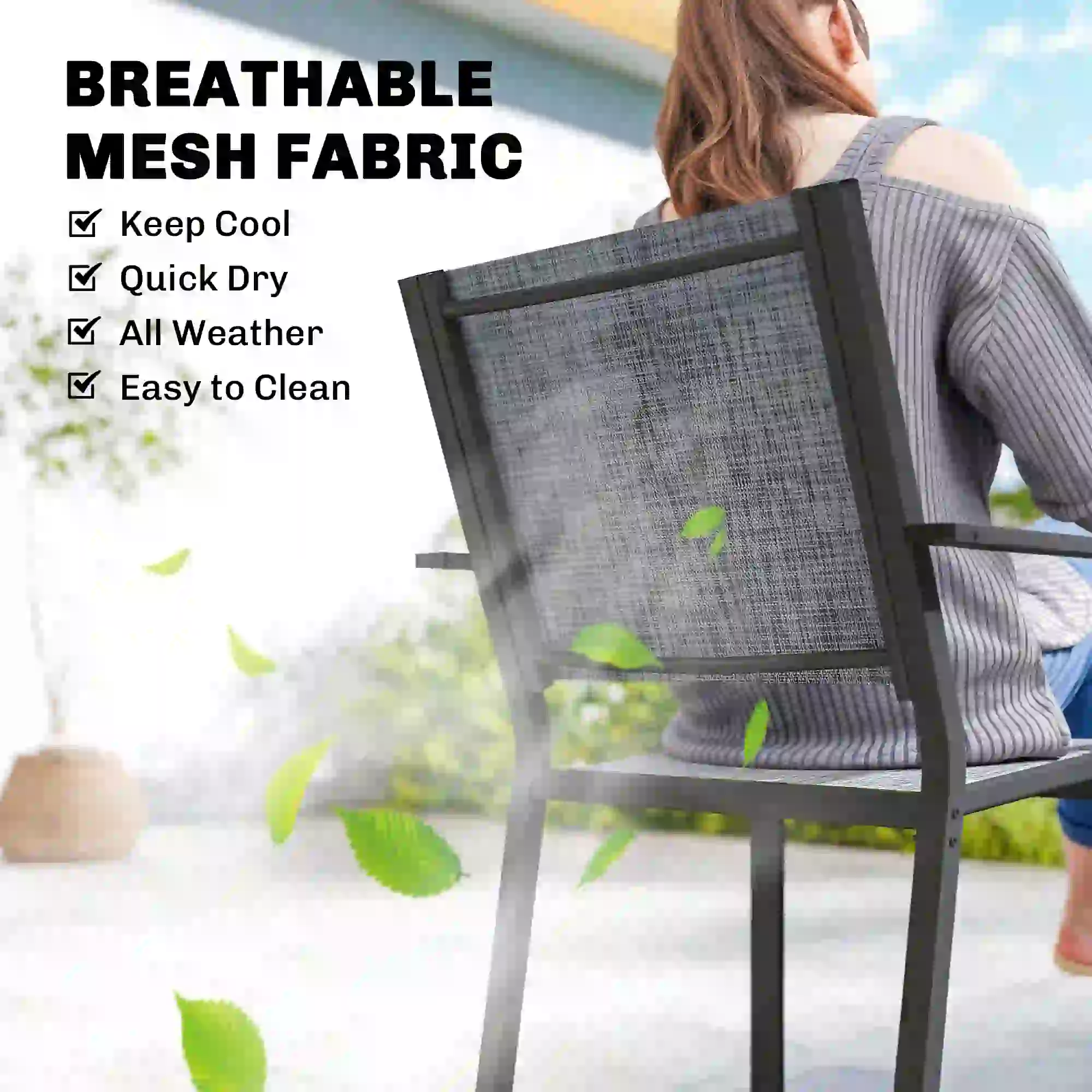 Outdoor Dining Set For 6, Black Metal Patio Table, Mesh Stackable Chairs, Black - Image 7