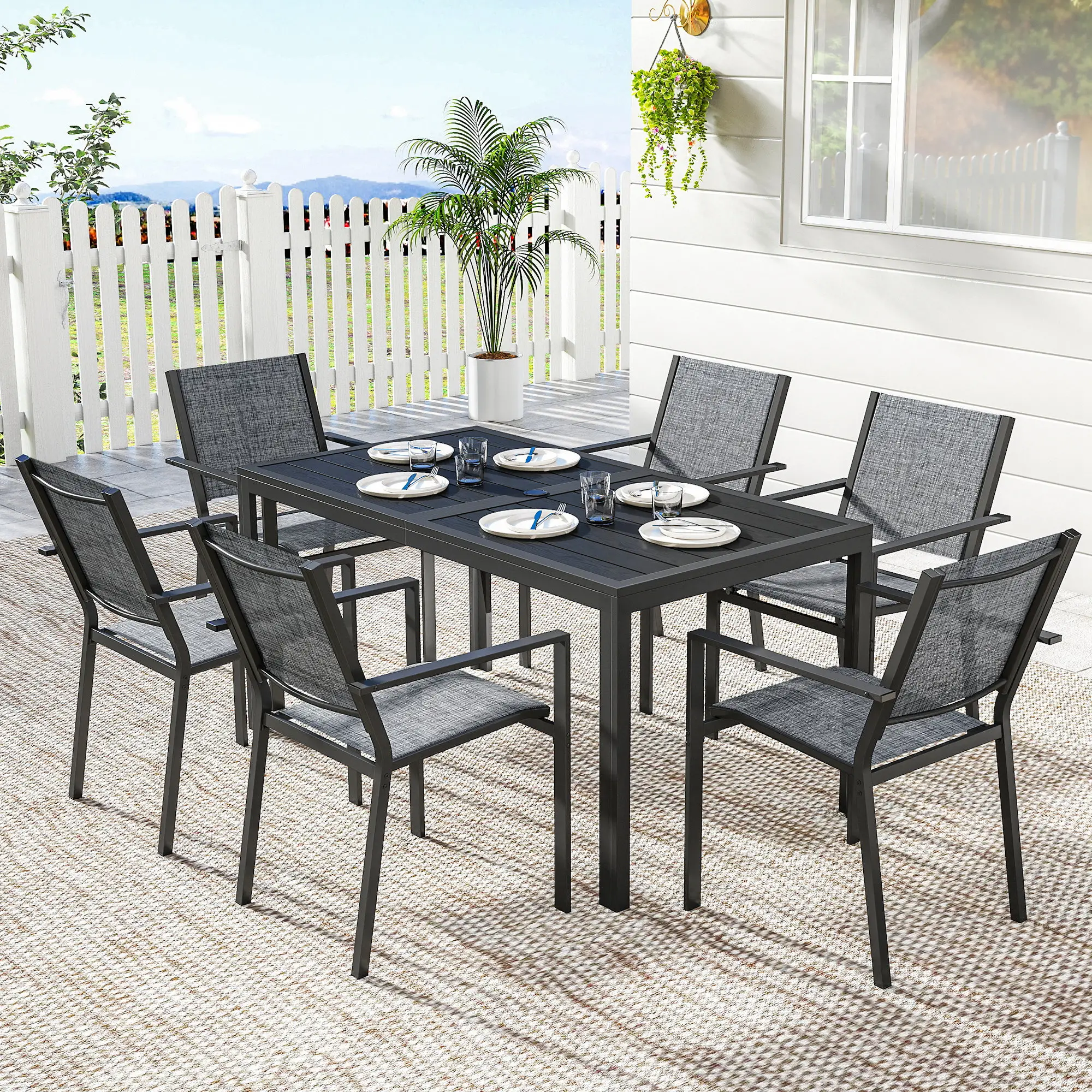 Outdoor Dining Set For 6, Black Metal Patio Table, Mesh Stackable Chairs, Black - Image 8