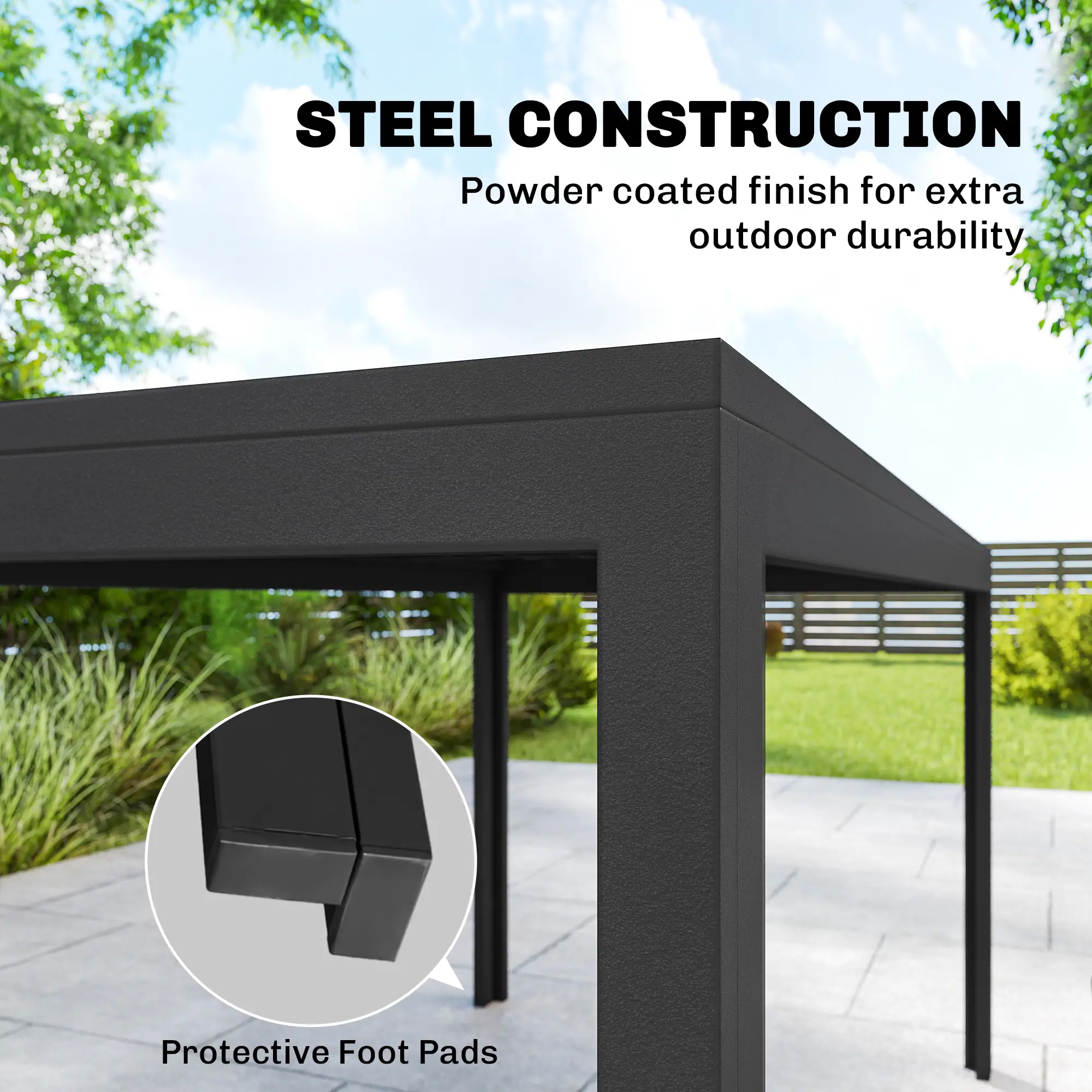 Outdoor Dining Set For 6, Black Metal Patio Table, Mesh Stackable Chairs, Black - Image 9