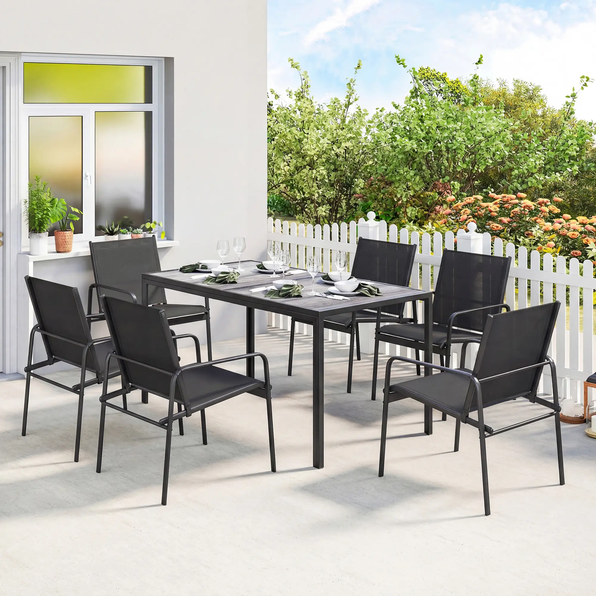 Outdoor Dining Set For 6, Faux Wood Patio Table And Chairs, Black - Image 2