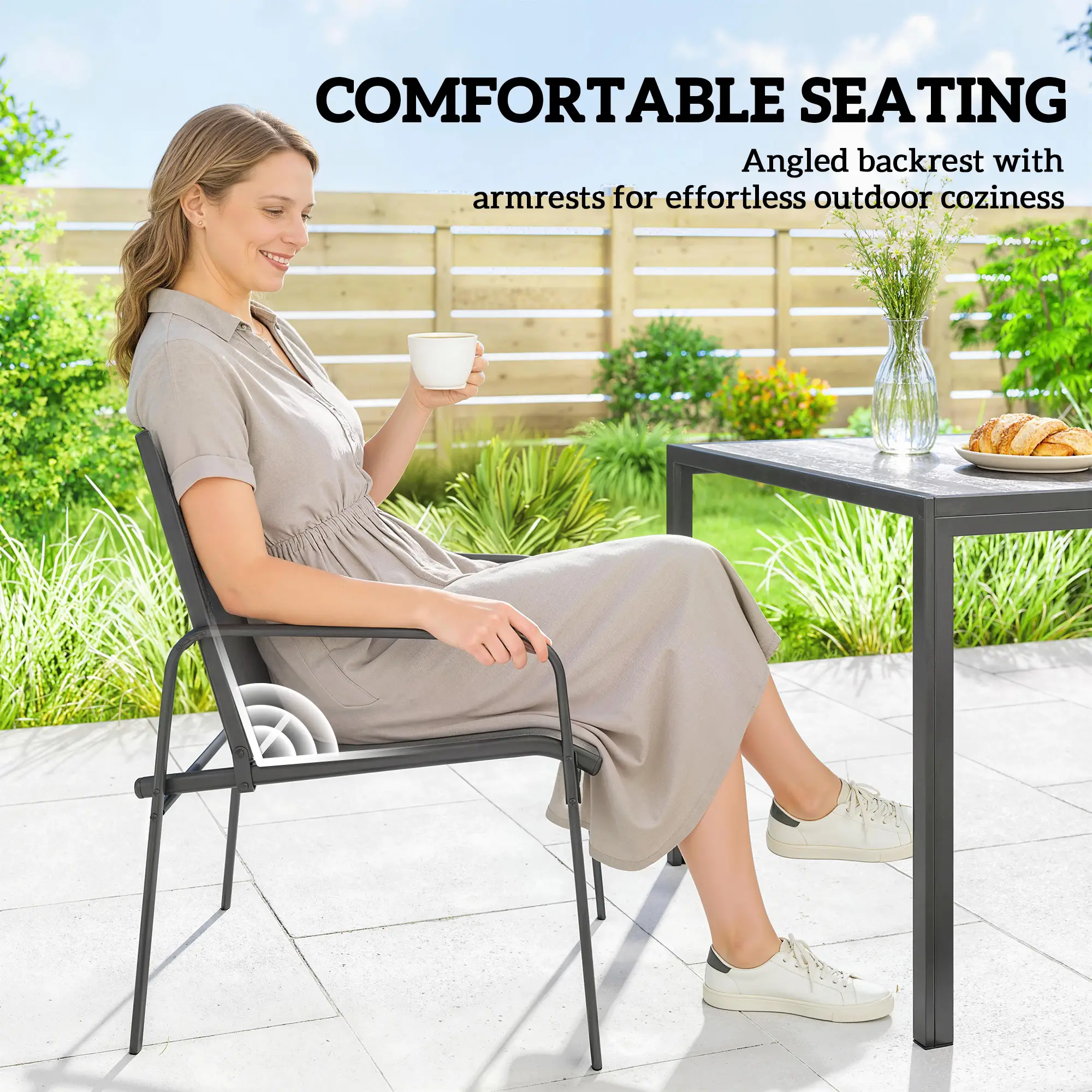 Outdoor Dining Set For 6, Faux Wood Patio Table And Chairs, Black - Image 6