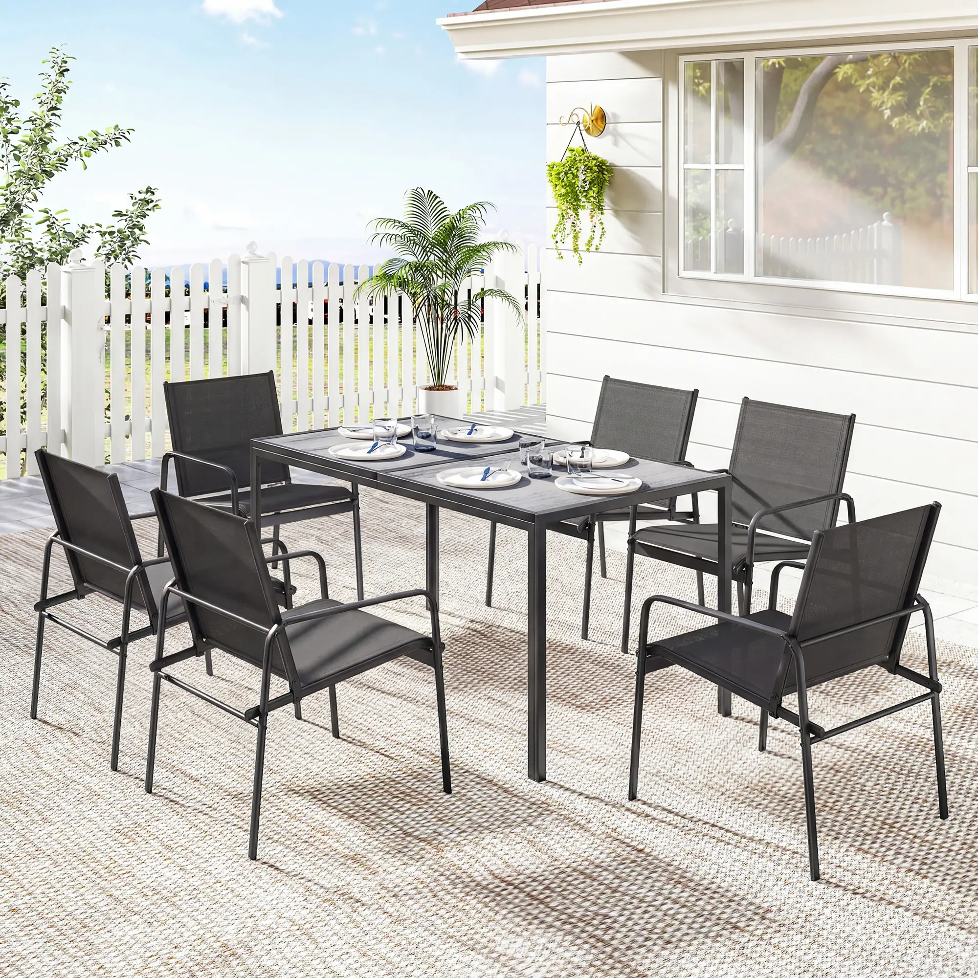 Outdoor Dining Set For 6, Faux Wood Patio Table And Chairs, Black - Image 8