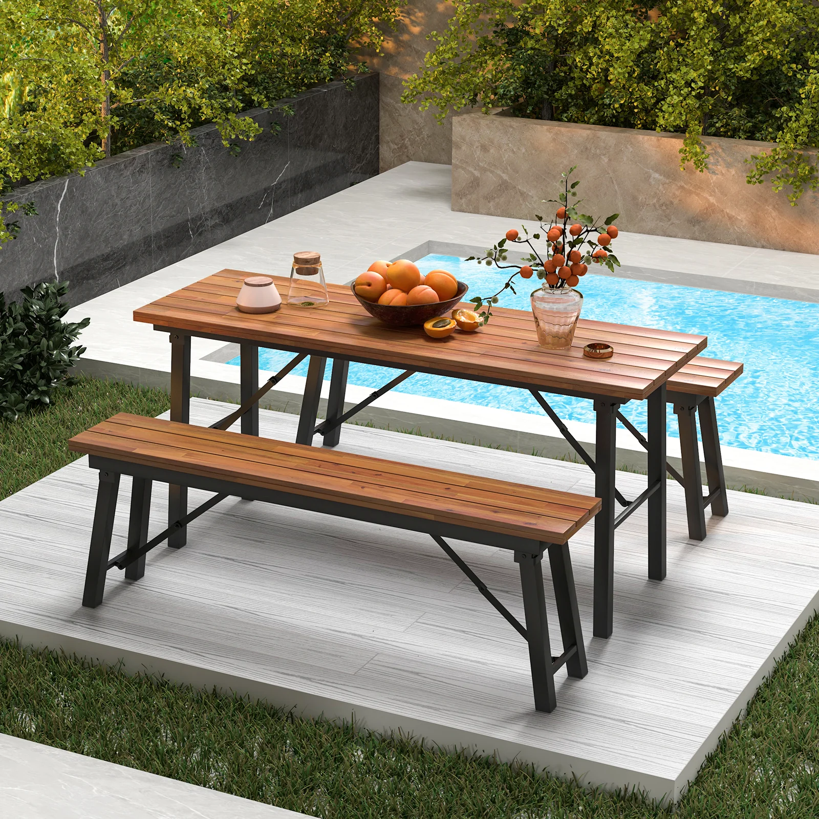 Outdoor Dining Table Bench Set, Acacia Wood Top, Natural - Image 3