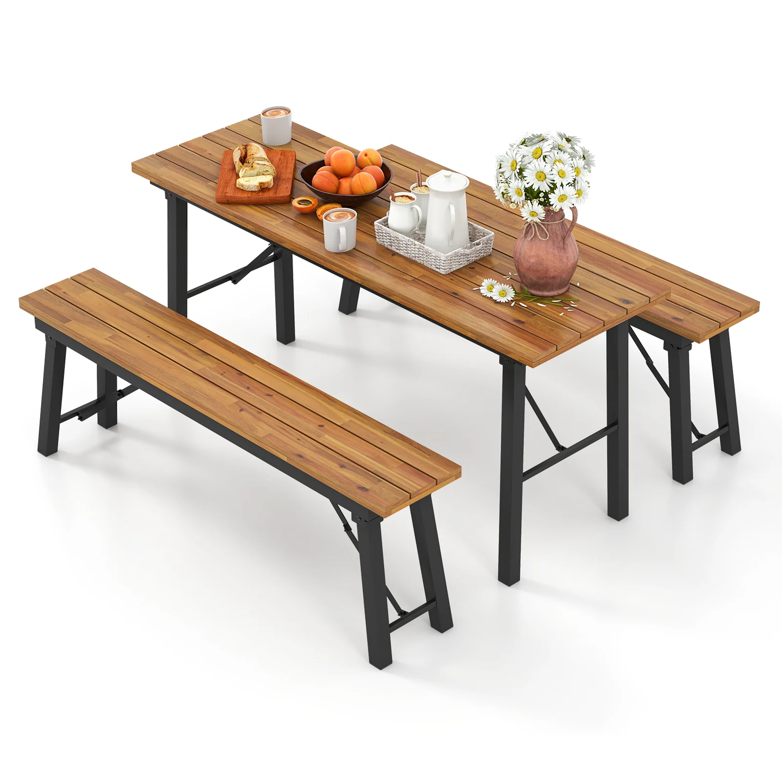 Outdoor Dining Table Bench Set, Acacia Wood Top, Natural - Image 4