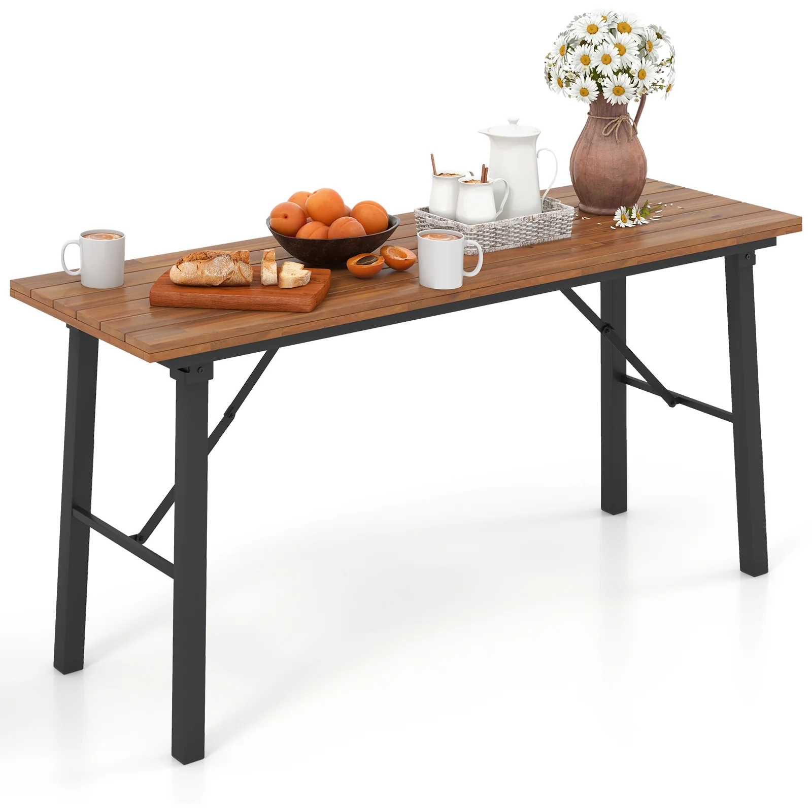 Outdoor Dining Table Bench Set, Acacia Wood Top, Natural - Image 5