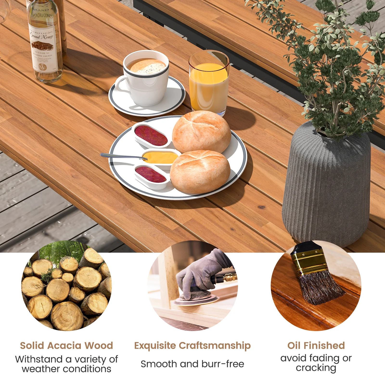 Outdoor Dining Table Bench Set, Acacia Wood Top, Natural - Image 9