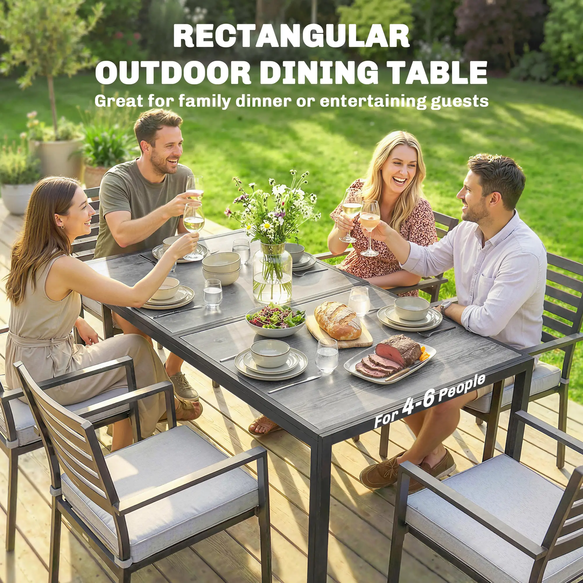 Outdoor Dining Table For 4-6, 59" Wood-Effect Top, Grey - Image 4