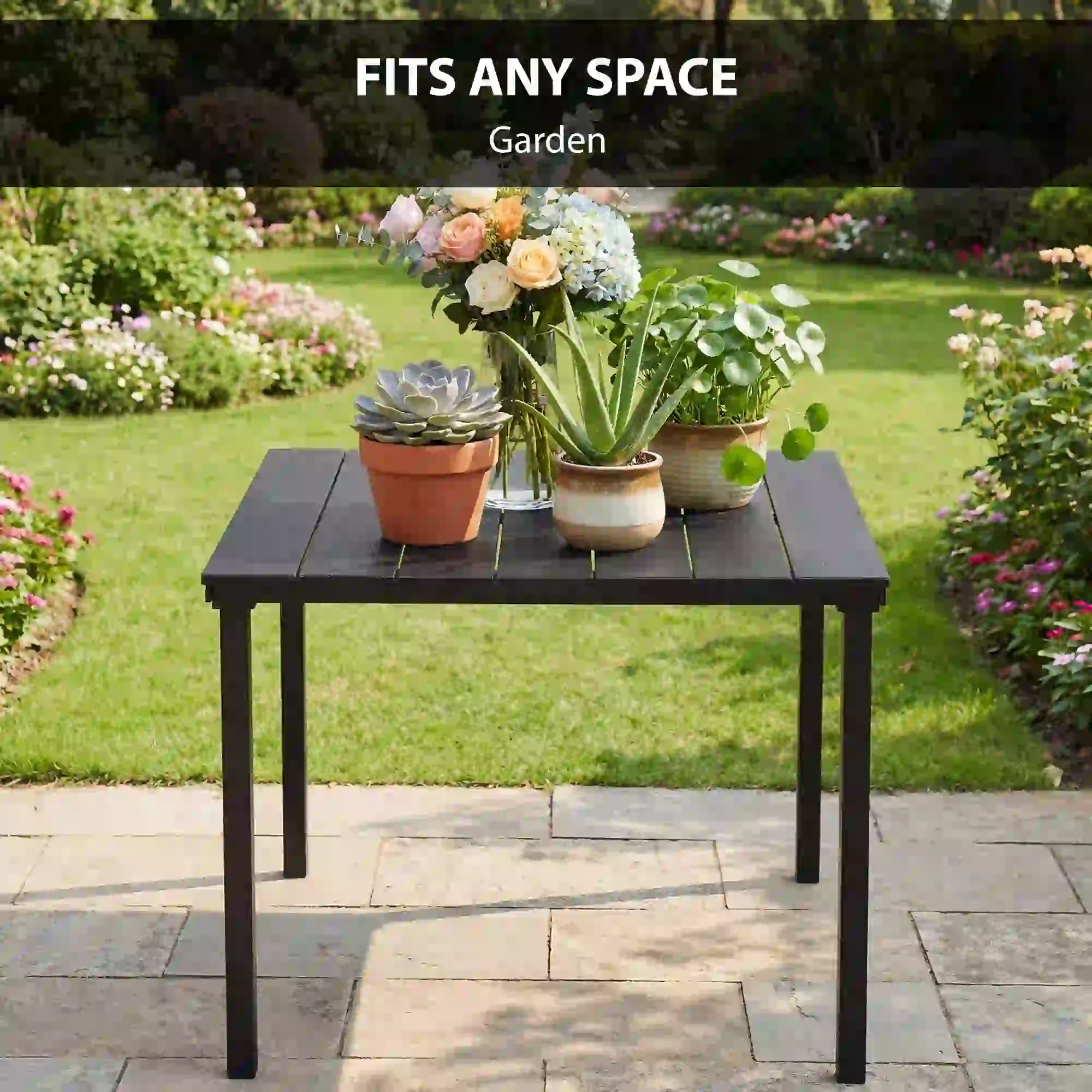 Outdoor Dining Table For 4, Square HDPE Patio Table With Metal Legs, Black - Image 7
