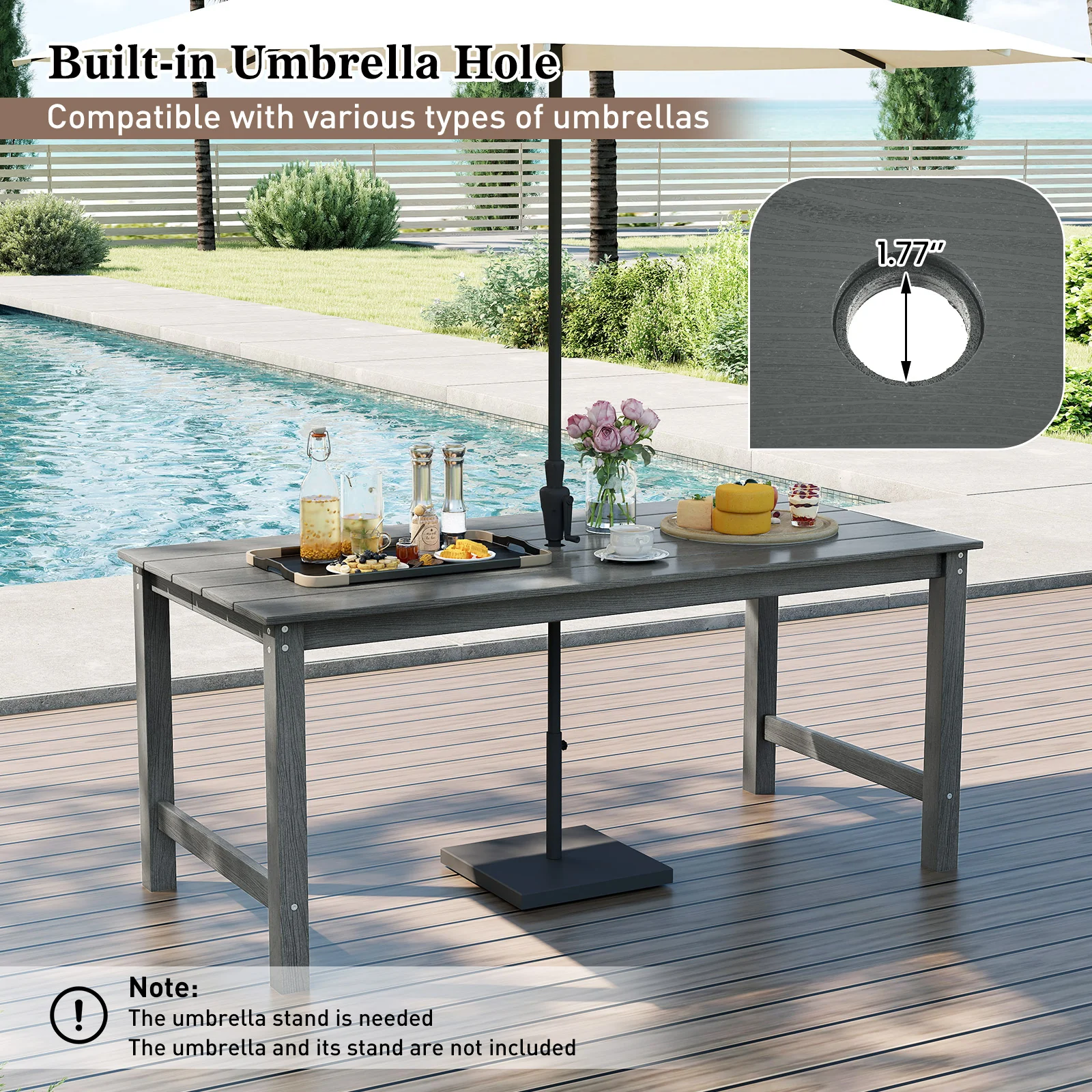 Outdoor Dining Table For 6, With Wood-Like Tabletop And Umbrella Hole, Gray - Image 10