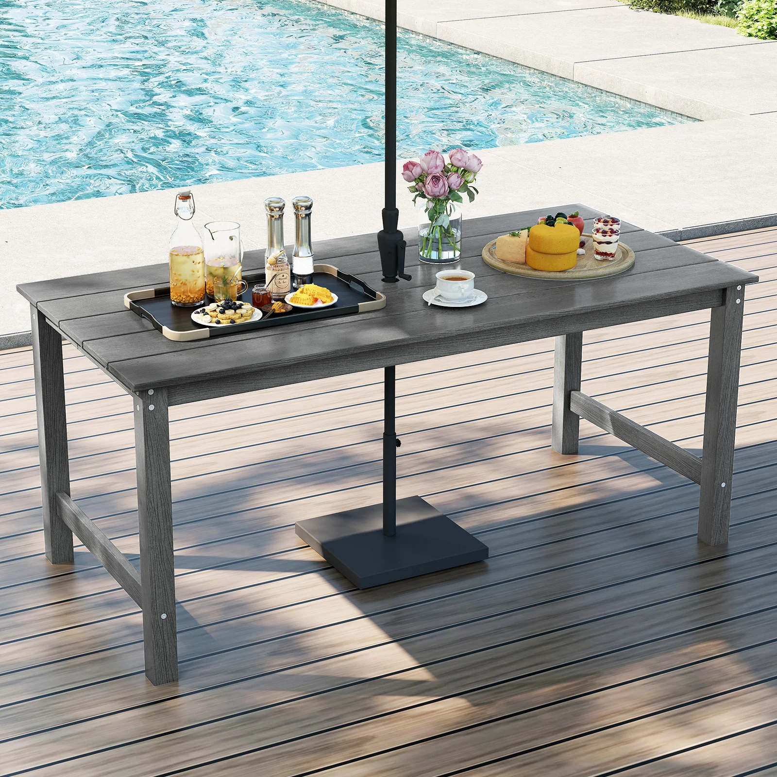 Outdoor Dining Table For 6, With Wood-Like Tabletop And Umbrella Hole, Gray - Image 2