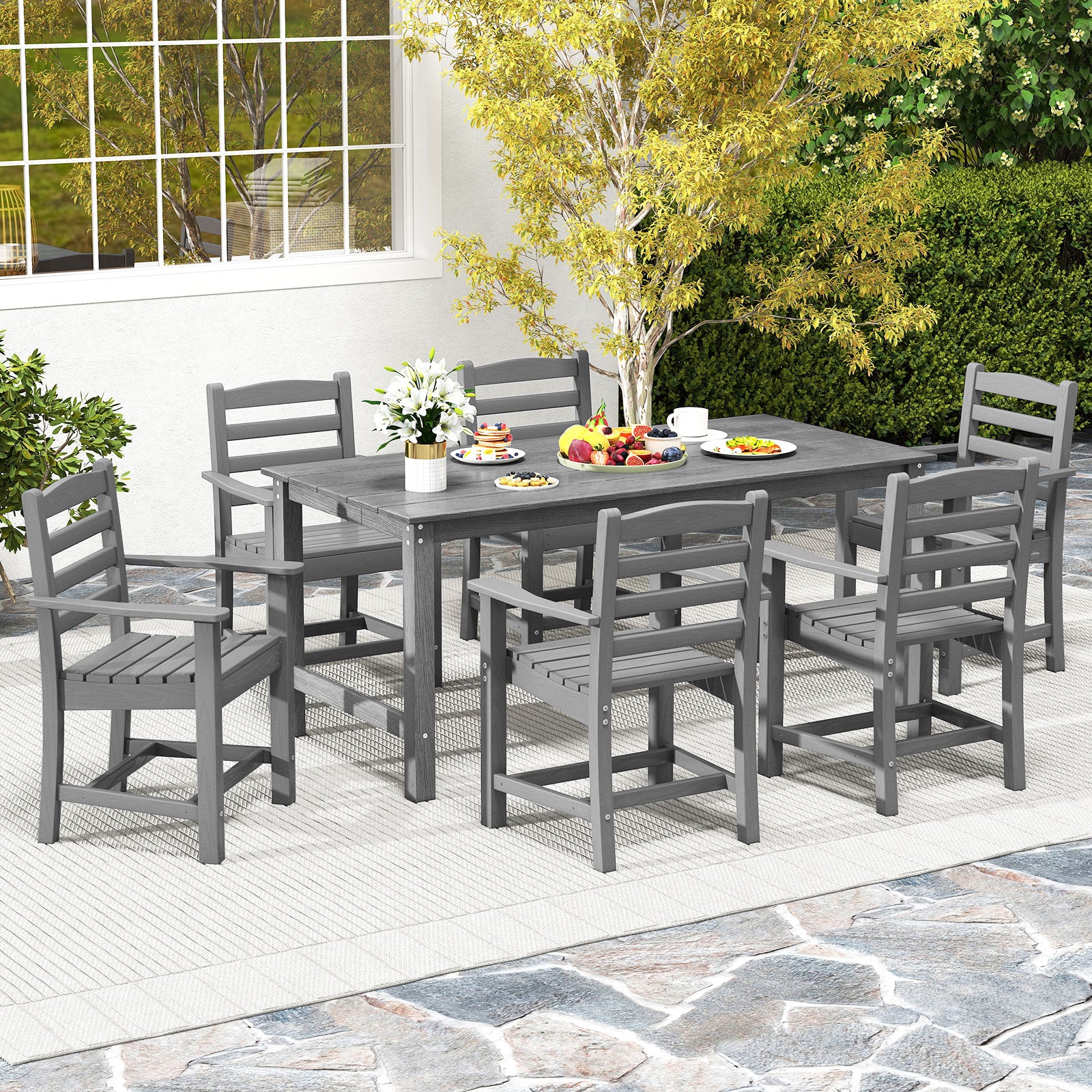 Outdoor Dining Table For 6, With Wood-Like Tabletop And Umbrella Hole, Gray - Image 3