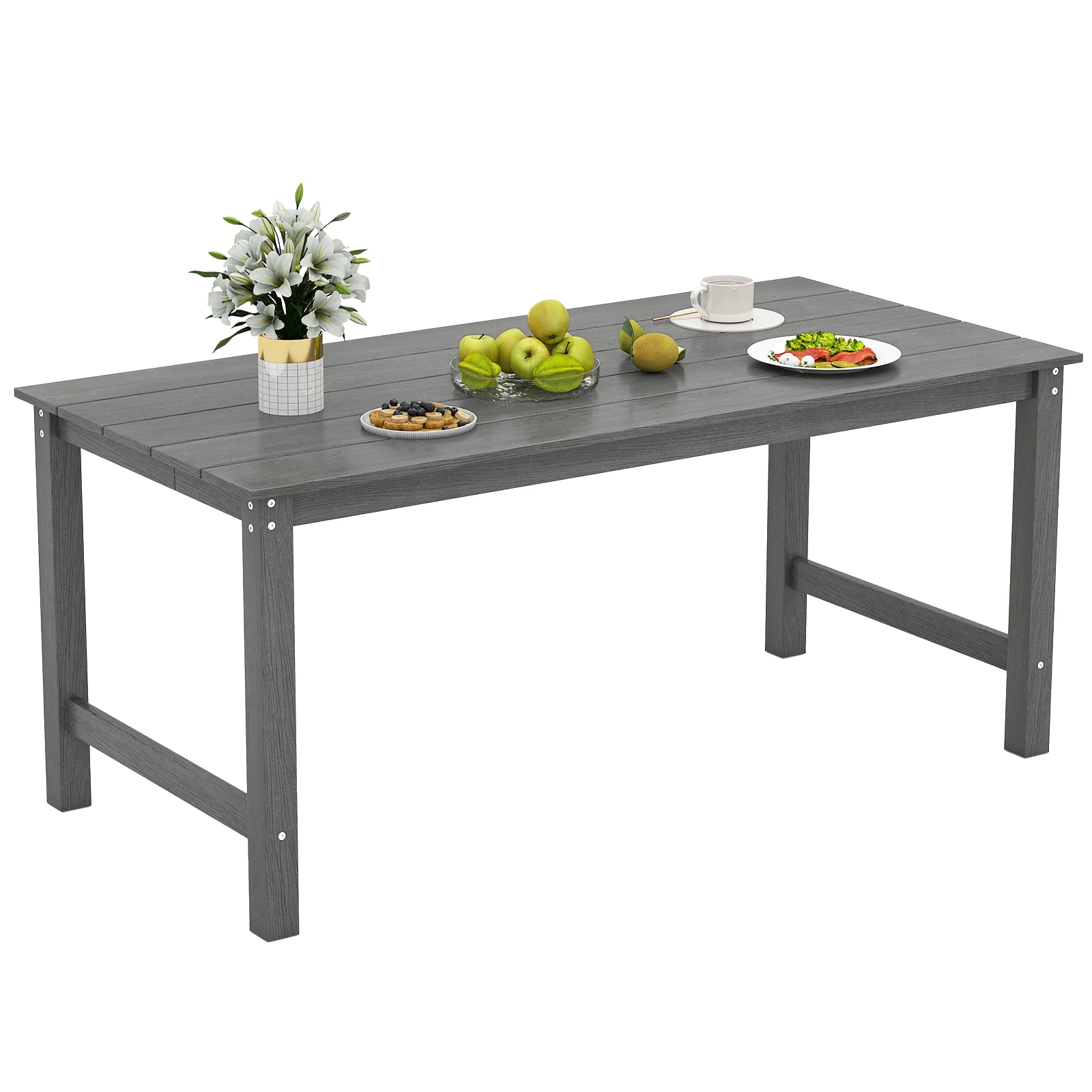 Outdoor Dining Table For 6, With Wood-Like Tabletop And Umbrella Hole, Gray - Image 5