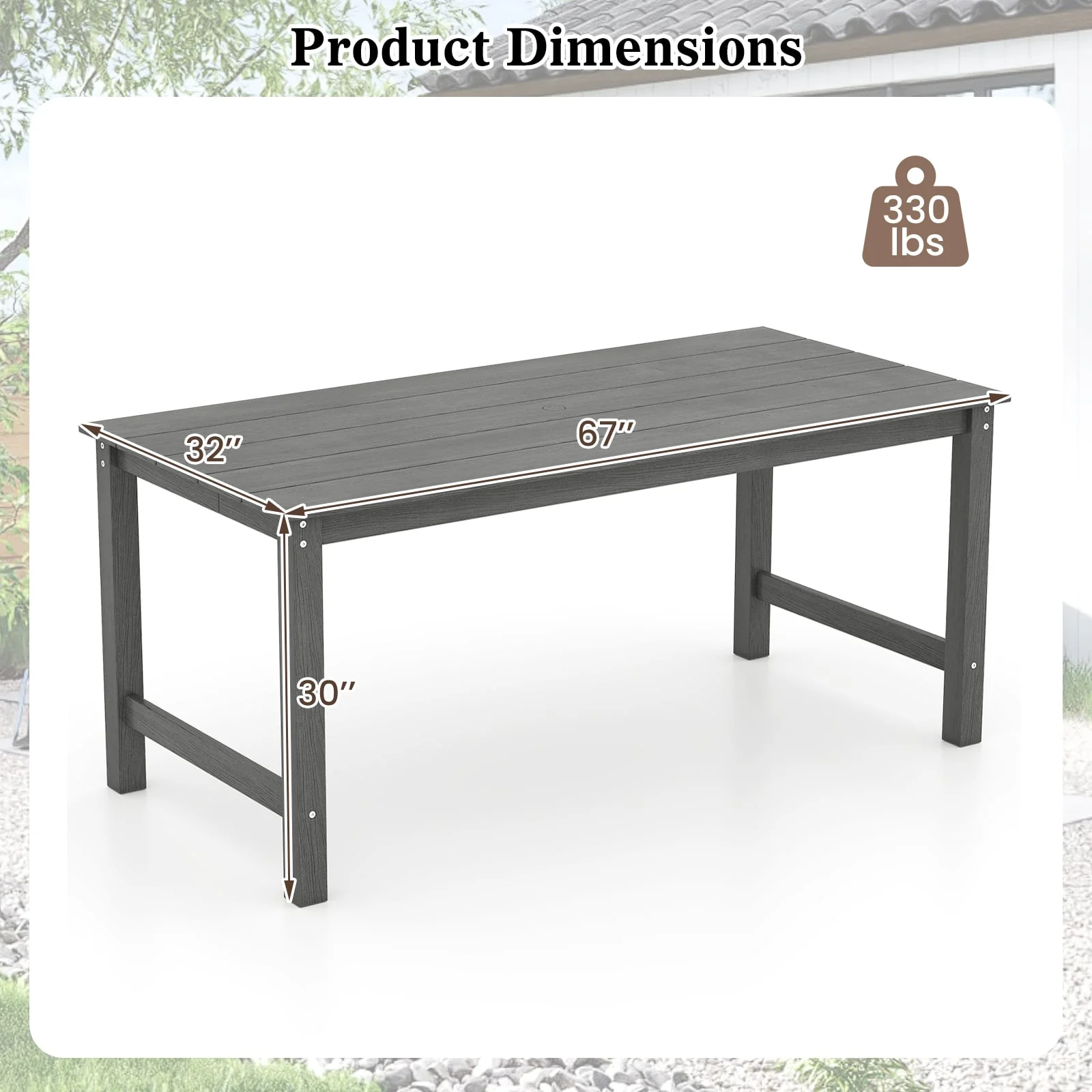 Outdoor Dining Table For 6, With Wood-Like Tabletop And Umbrella Hole, Gray - Image 6