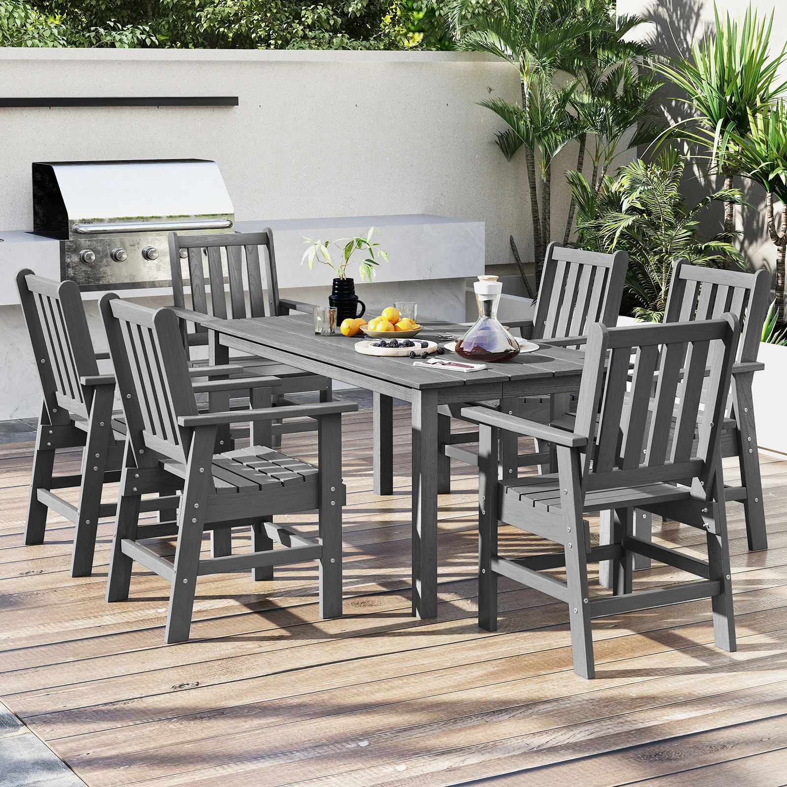 Outdoor Dining Table For 6, With Wood-Like Tabletop And Umbrella Hole, Gray - Image 7