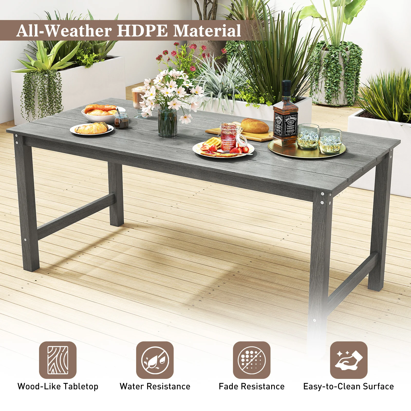 Outdoor Dining Table For 6, With Wood-Like Tabletop And Umbrella Hole, Gray - Image 9