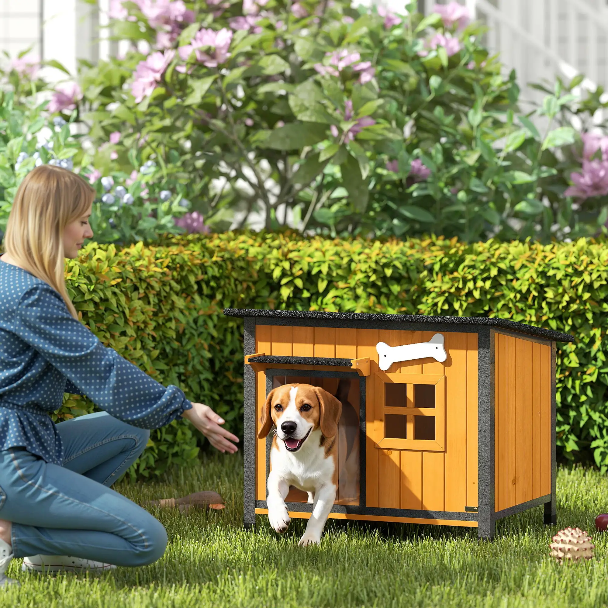 Outdoor Dog House, Anti-Chewing Steel Frame, Openable Roof, Removable Floor, Door Curtain, Yellow - Image 2
