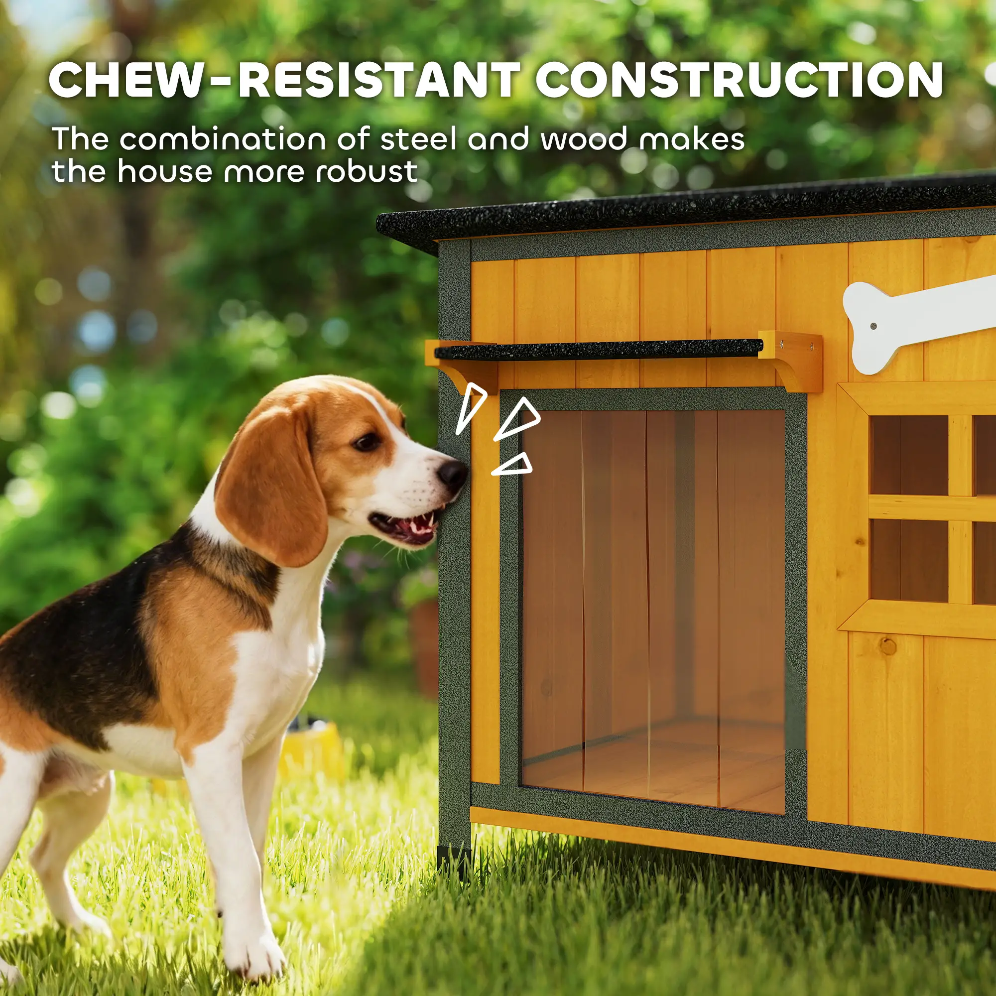Outdoor Dog House, Anti-Chewing Steel Frame, Openable Roof, Removable Floor, Door Curtain, Yellow - Image 4