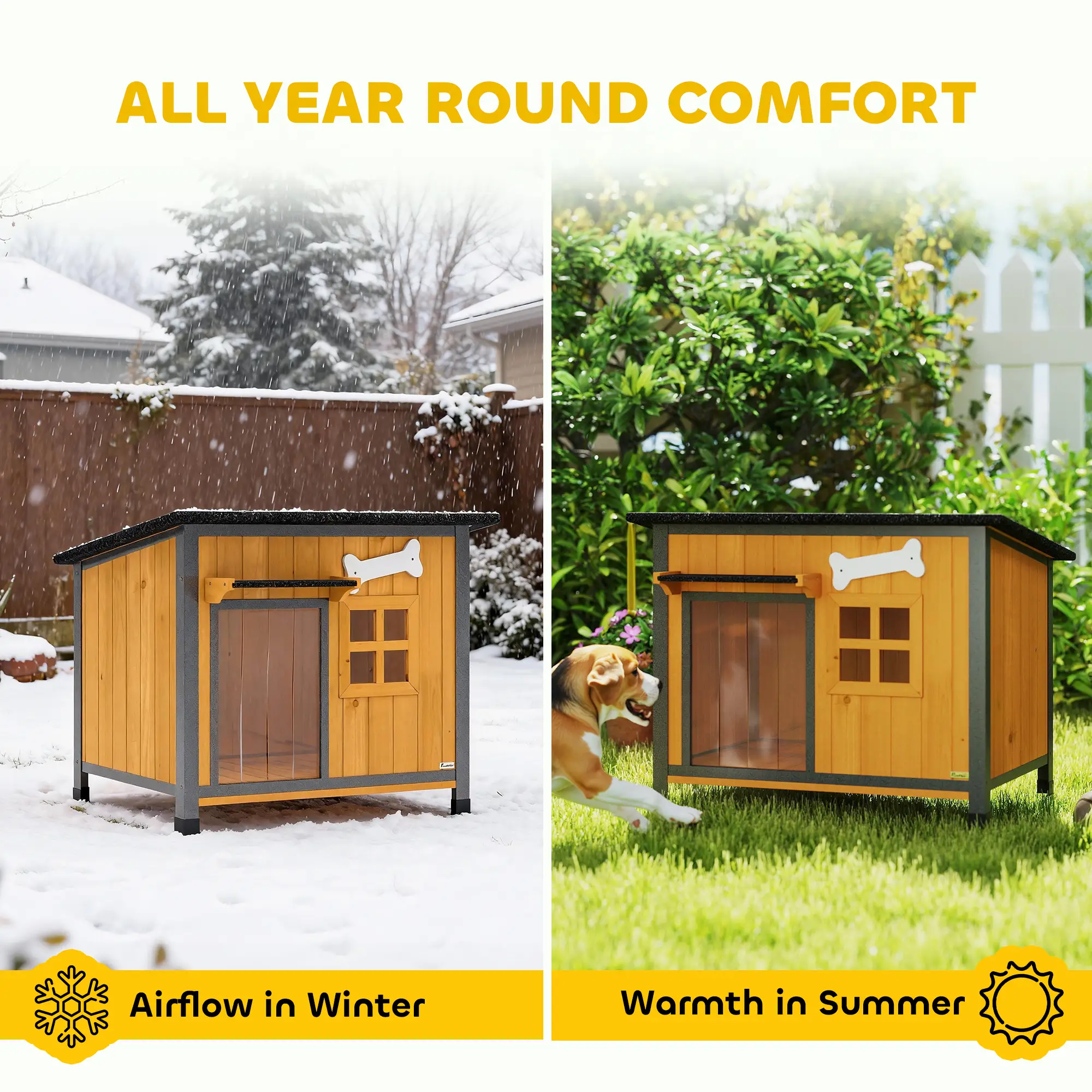 Outdoor Dog House, Anti-Chewing Steel Frame, Openable Roof, Removable Floor, Door Curtain, Yellow - Image 5