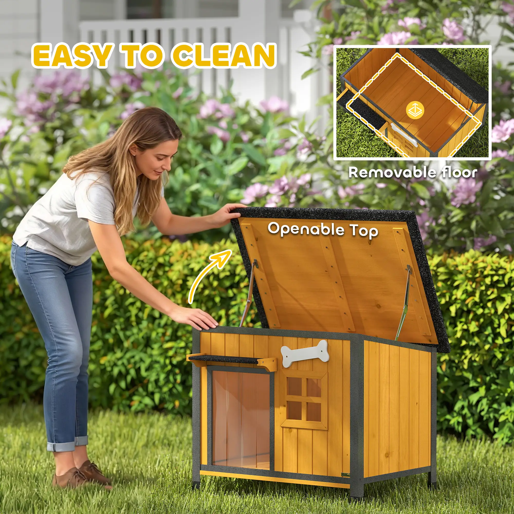 Outdoor Dog House, Anti-Chewing Steel Frame, Openable Roof, Removable Floor, Door Curtain, Yellow - Image 6