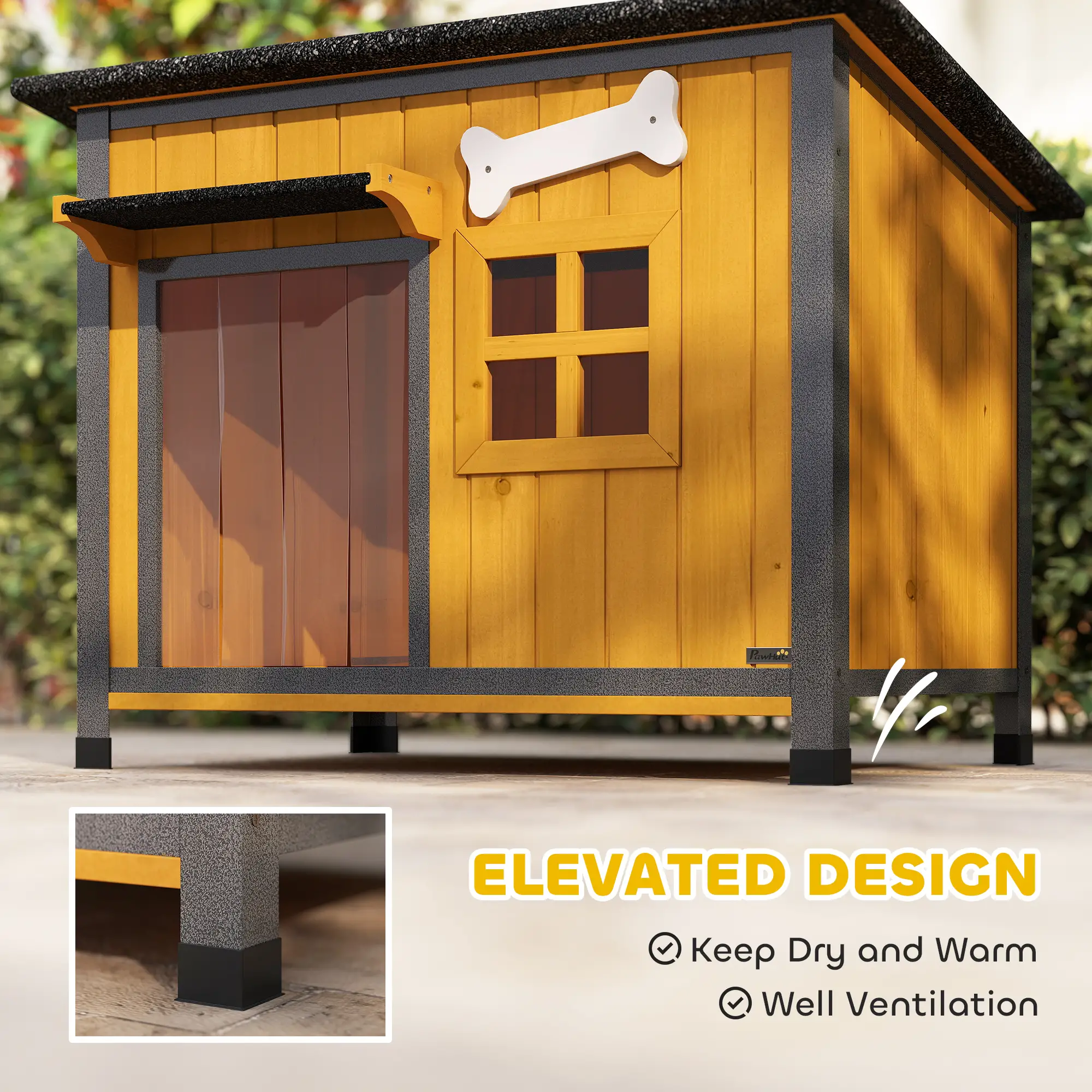 Outdoor Dog House, Anti-Chewing Steel Frame, Openable Roof, Removable Floor, Door Curtain, Yellow - Image 7