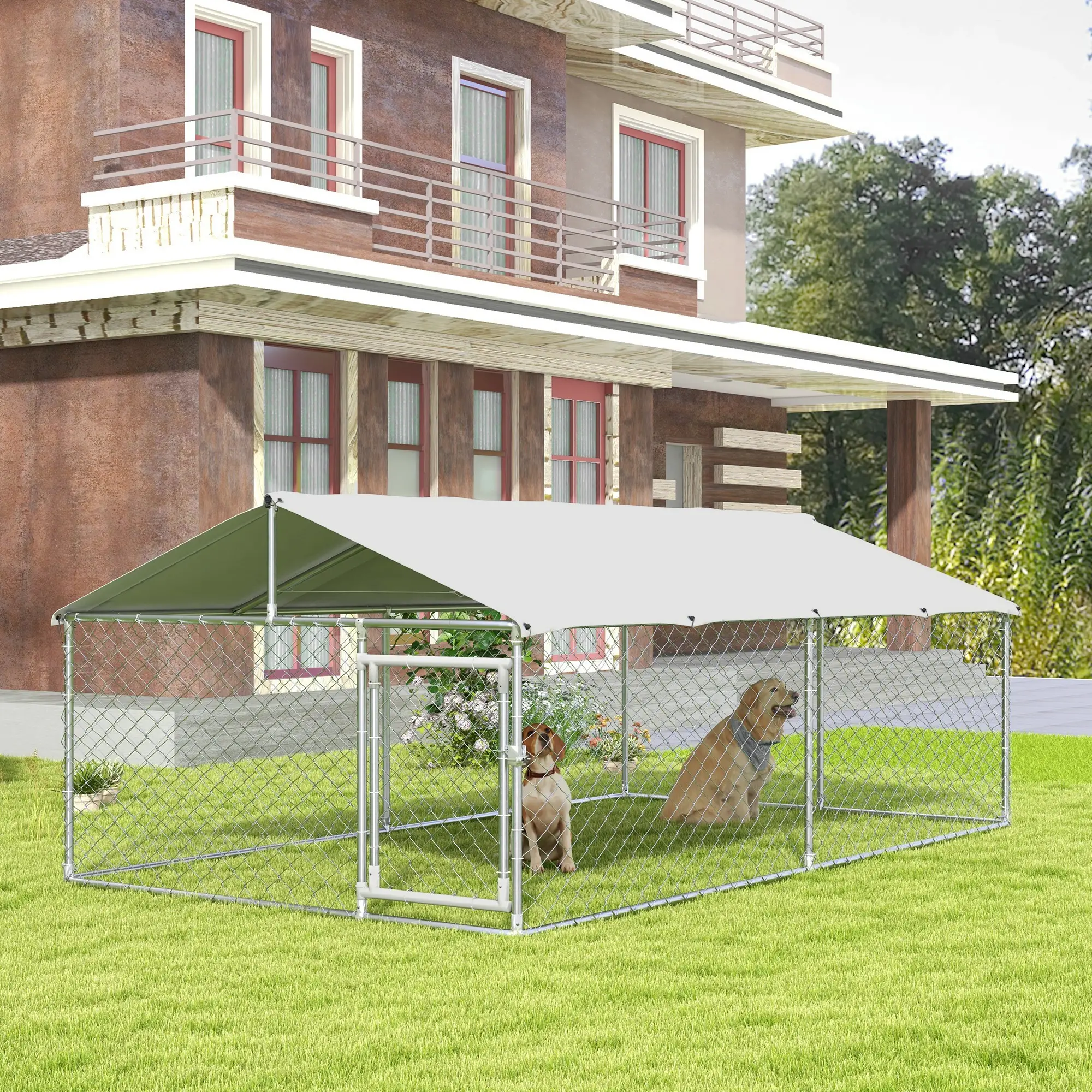 Outdoor Dog Kennel, 13.1' x 7.5' x 4.9', Waterproof UV Resistant Cover, Silver - Image 2